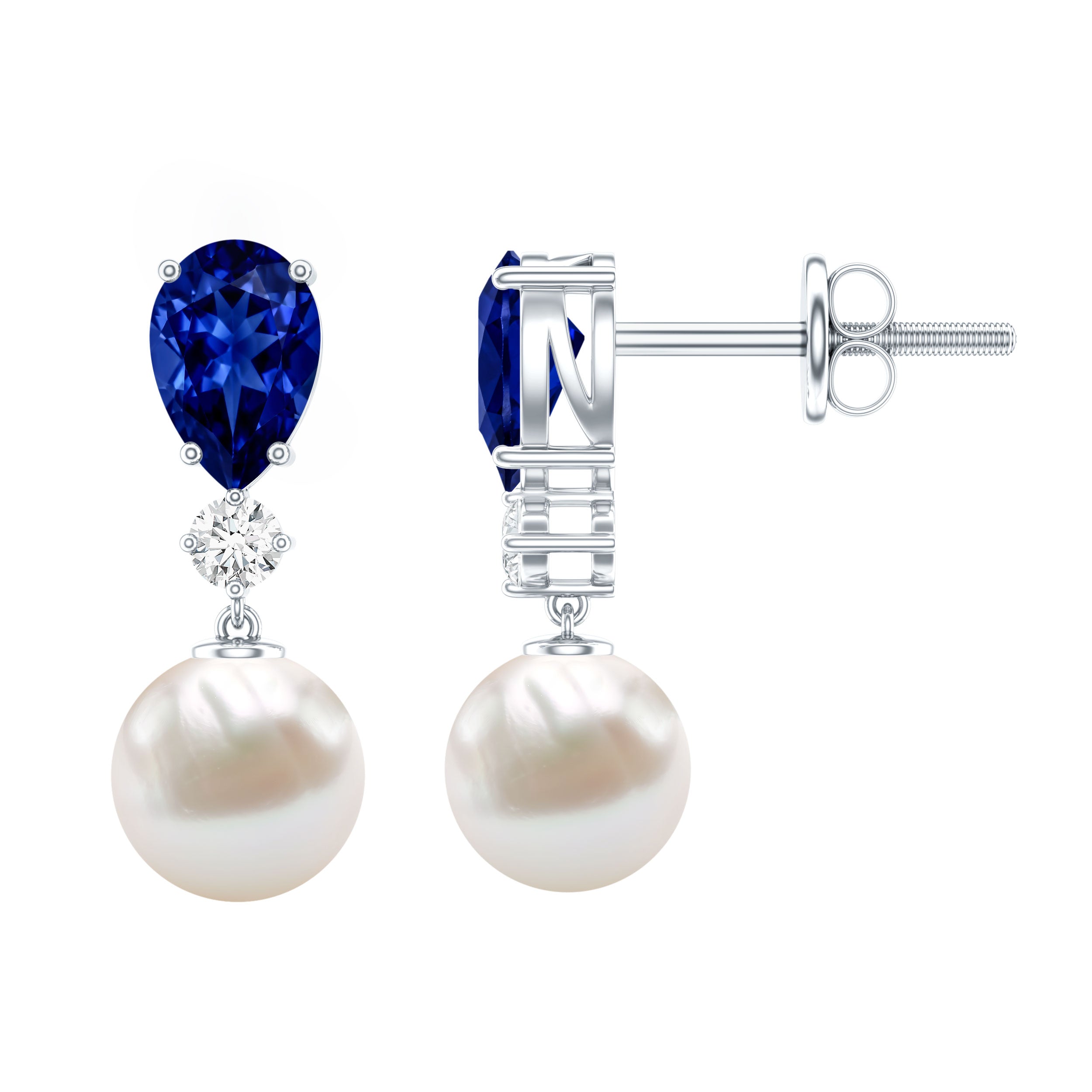 Natural 4 Carat Freshwater Pearl Drop Dangle Earrings with Lab Blue Sapphire AAA - Rosec Jewels