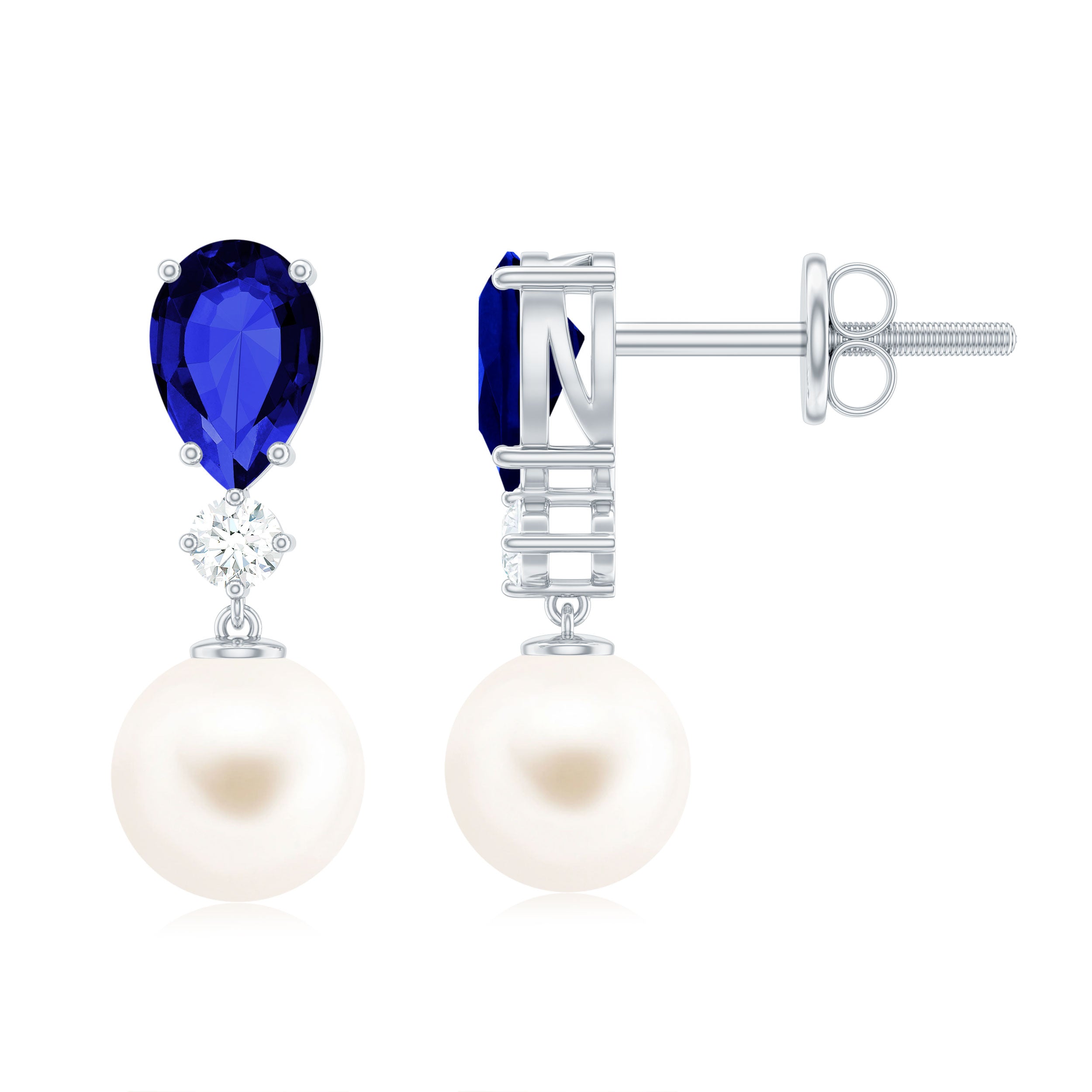 Natural Freshwater Pearl Drop Dangle Earrings with Blue Sapphire