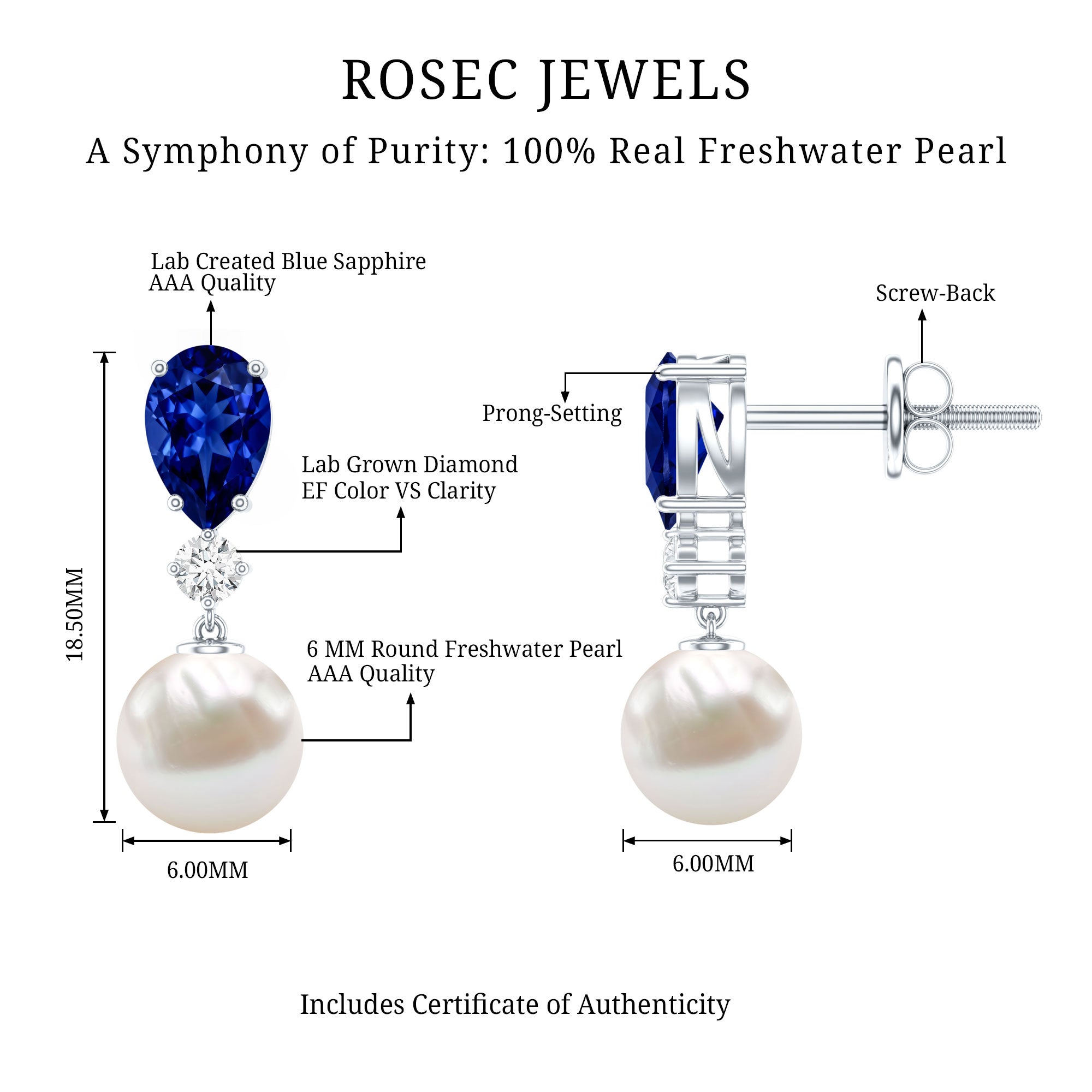 Natural 4 Carat Freshwater Pearl Drop Dangle Earrings with Lab Blue Sapphire AAA - Rosec Jewels