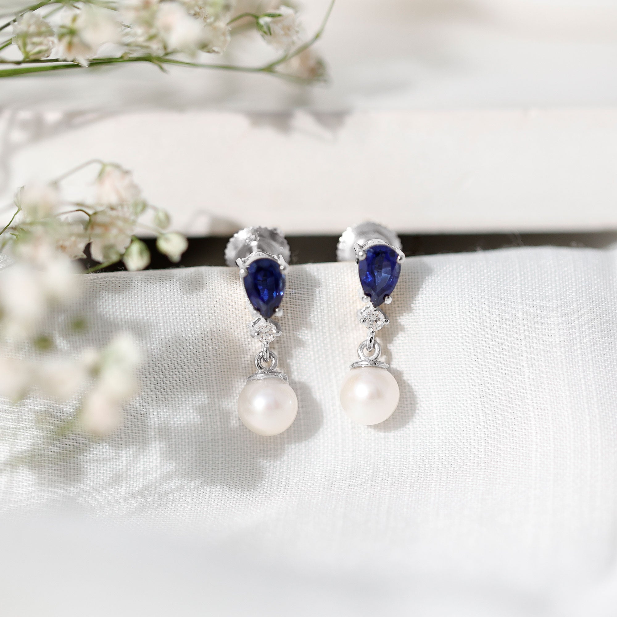 Natural 4 Carat Freshwater Pearl Drop Dangle Earrings with Lab Blue Sapphire AAA - Rosec Jewels