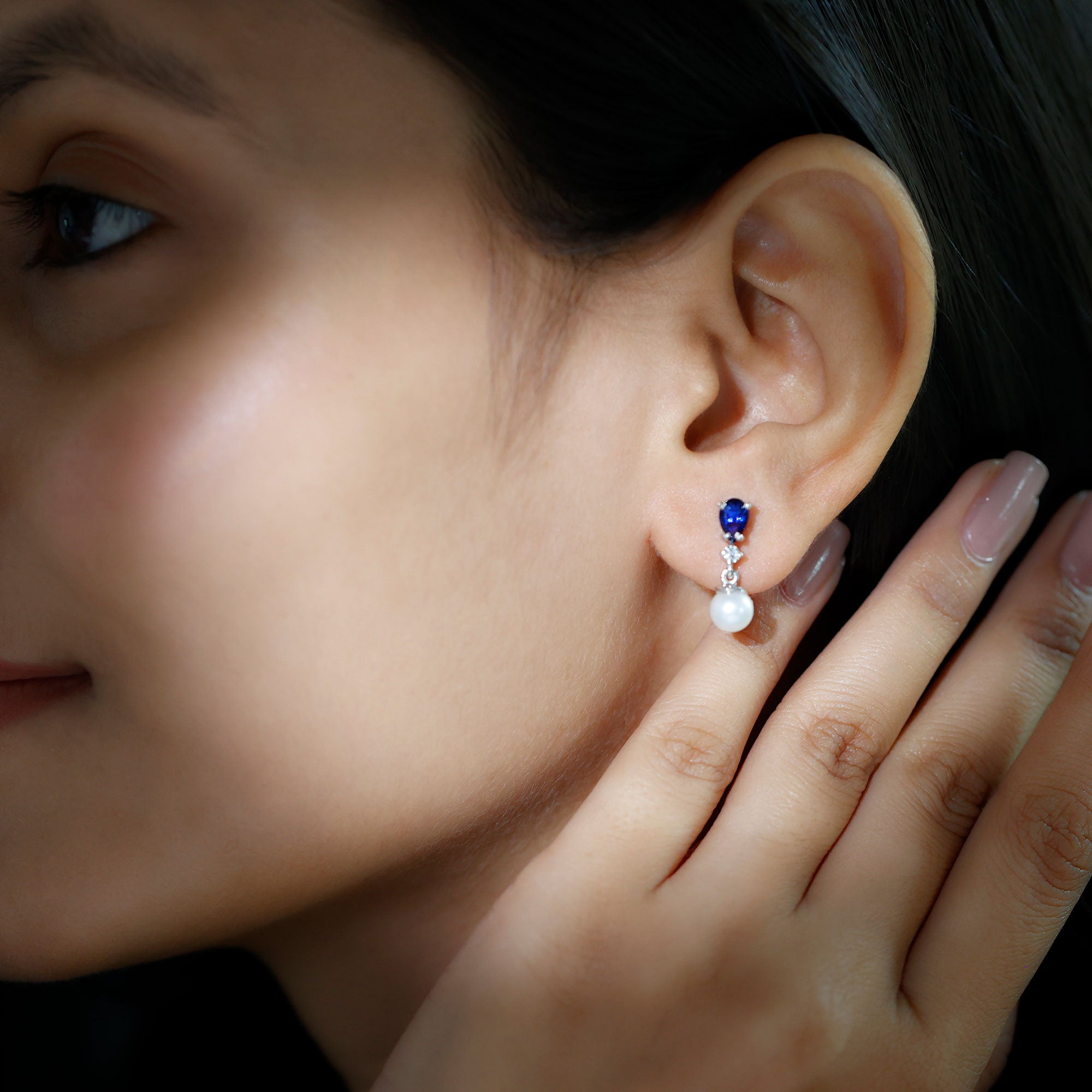 Natural 4 Carat Freshwater Pearl Drop Dangle Earrings with Lab Blue Sapphire AAA - Rosec Jewels