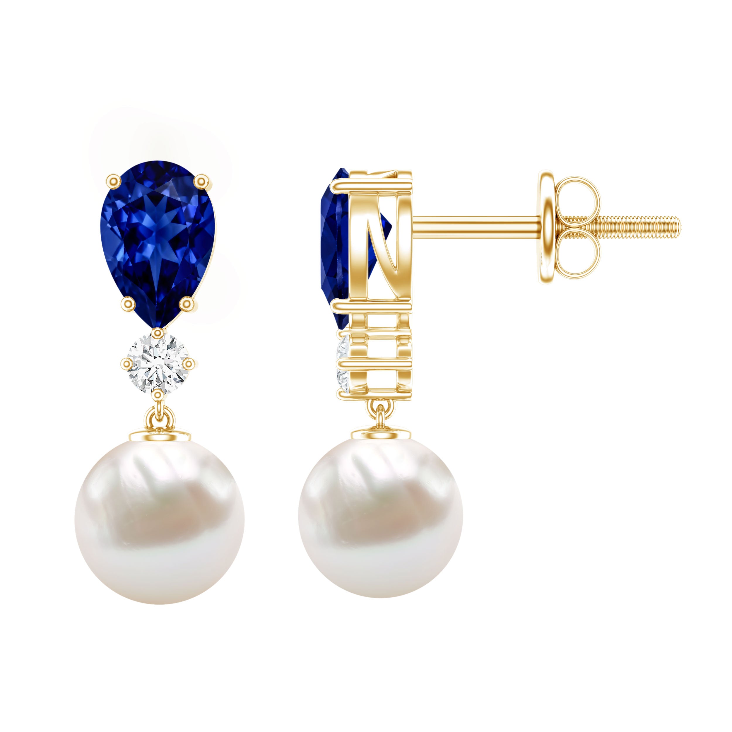 Natural 4 Carat Freshwater Pearl Drop Dangle Earrings with Lab Blue Sapphire AAA - Rosec Jewels