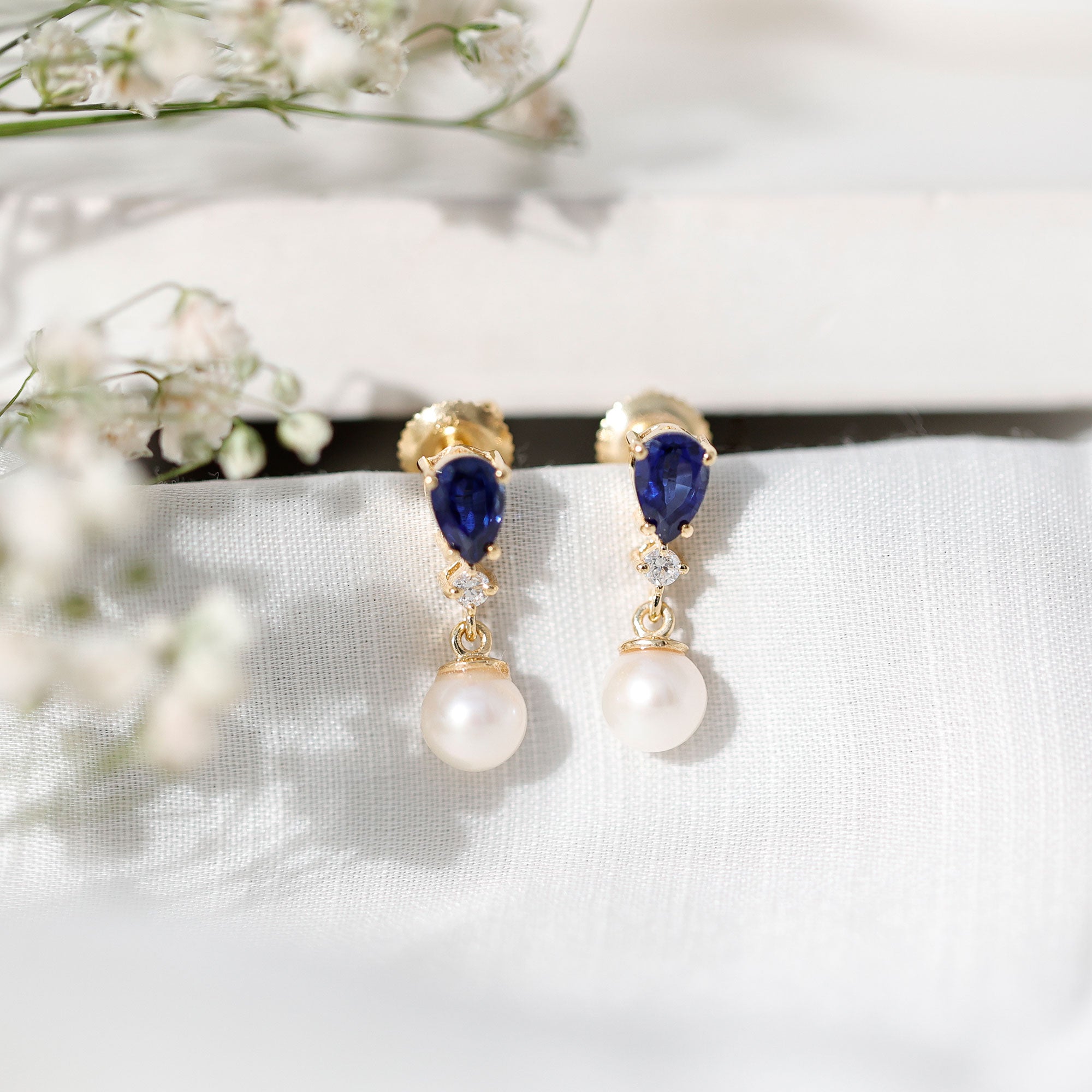Natural 4 Carat Freshwater Pearl Drop Dangle Earrings with Lab Blue Sapphire AAA - Rosec Jewels
