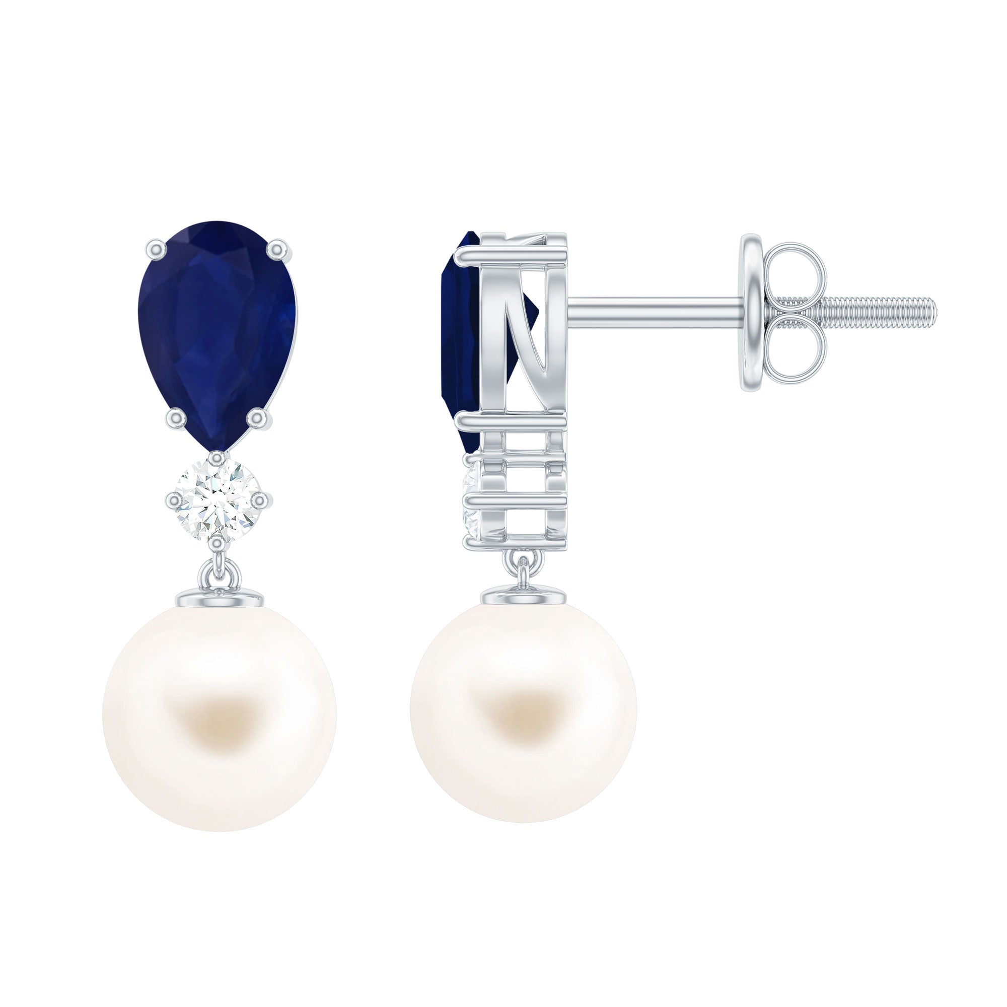 Freshwater Pearl Drop Earrings with Blue Sapphire