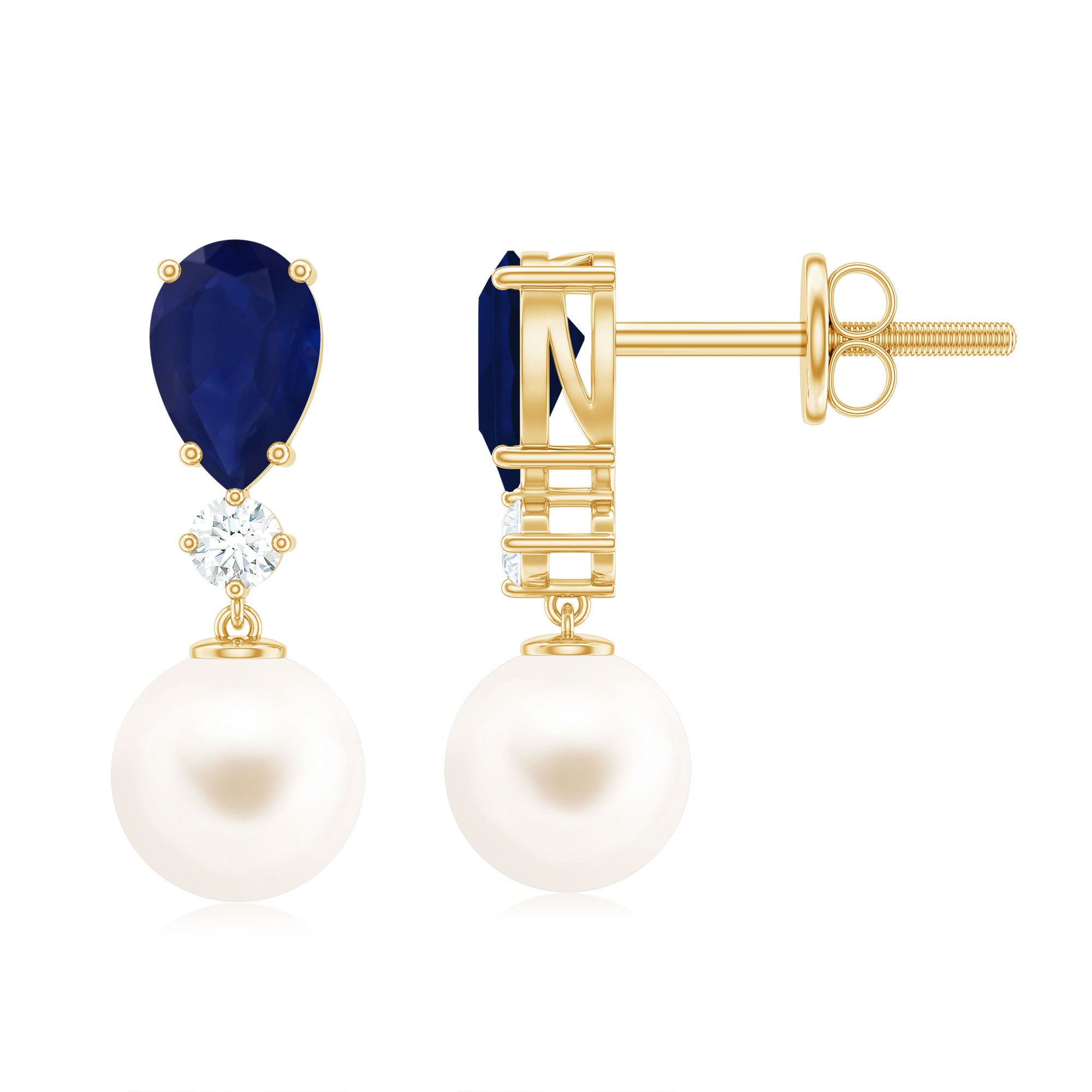 Cultured Freshwater Pearl Drop Earrings with Blue Sapphire AAA - Rosec Jewels