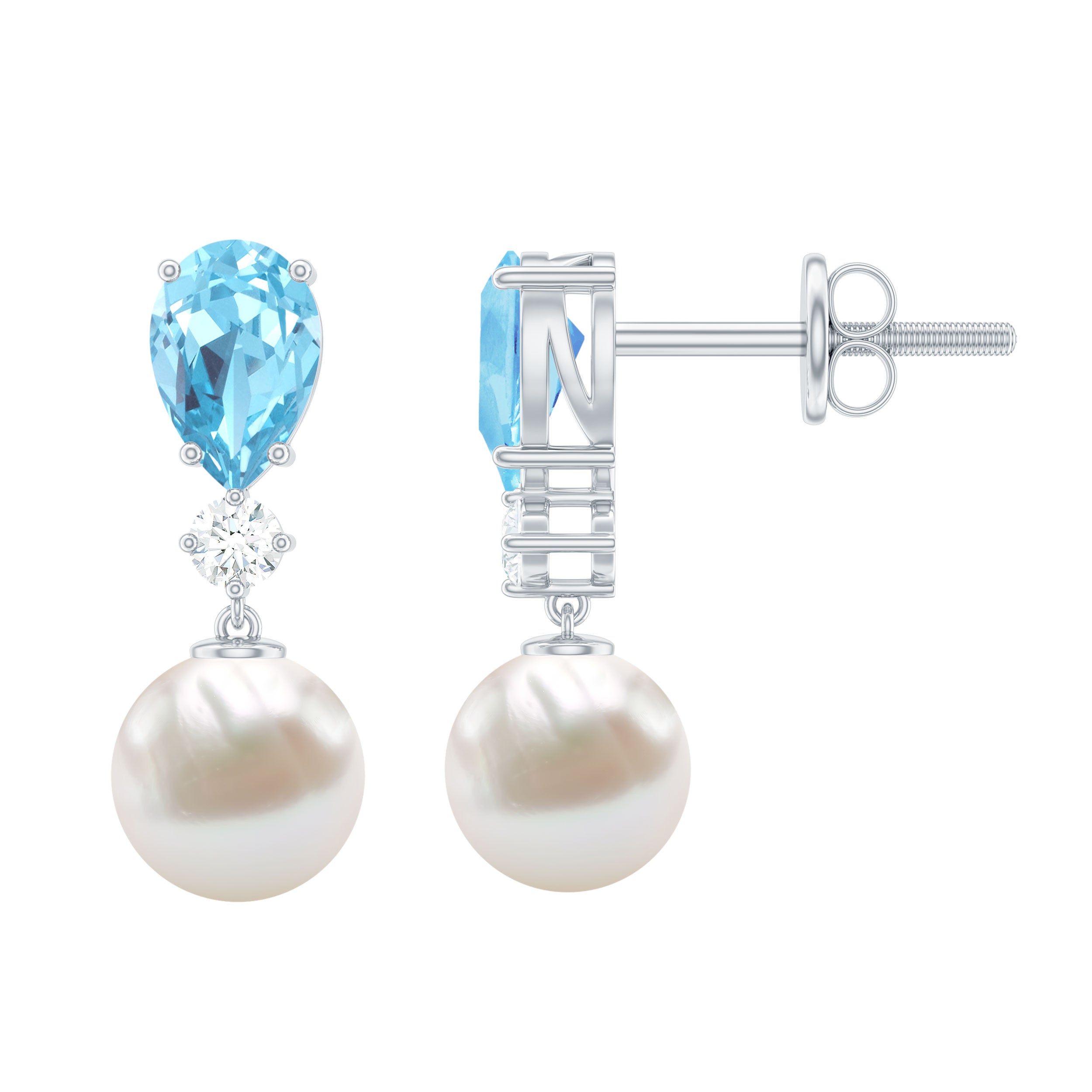 Certified Pearl Wedding Drop Earrings with Aquamarine