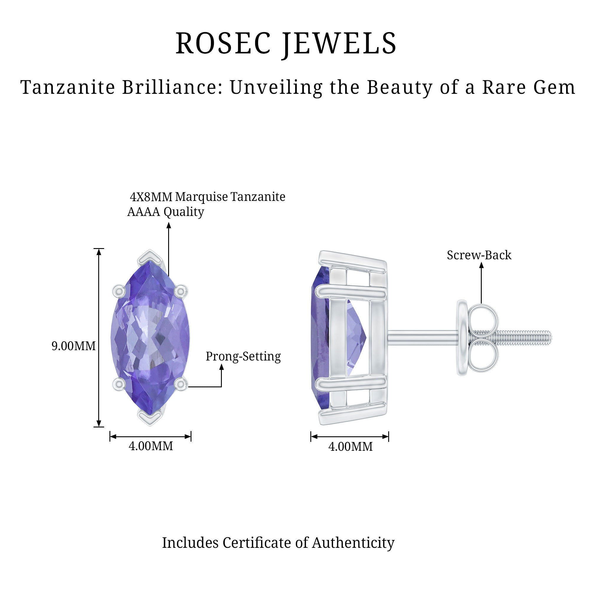 8X4 MM Marquise Cut Tanzanite Solitaire Stud Earring AAA - Rosec Jewels