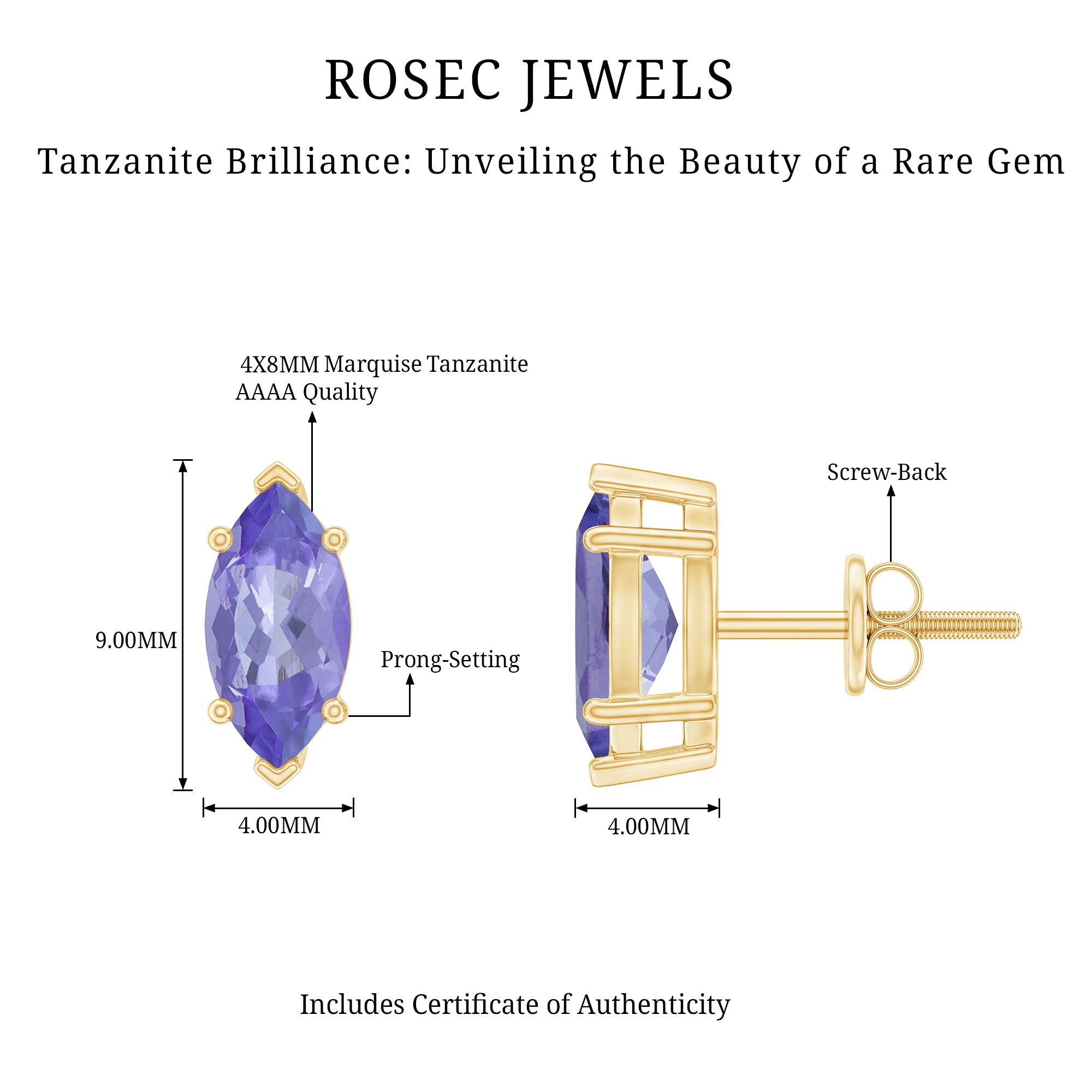 8X4 MM Marquise Cut Tanzanite Solitaire Stud Earring AAA - Rosec Jewels