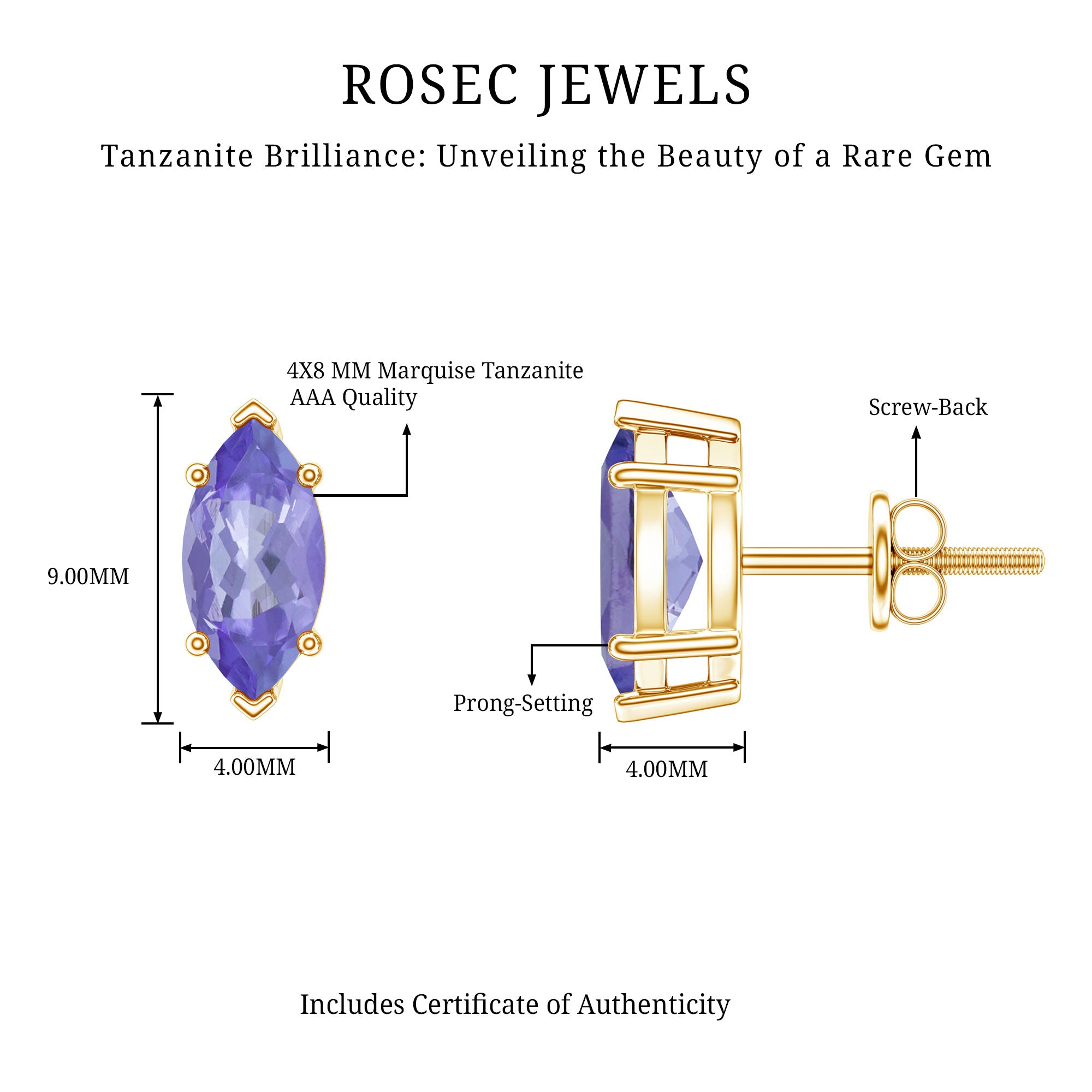 1.3 Carat Marquise Cut Tanzanite Solitaire Stud Earrings AAA - Rosec Jewels