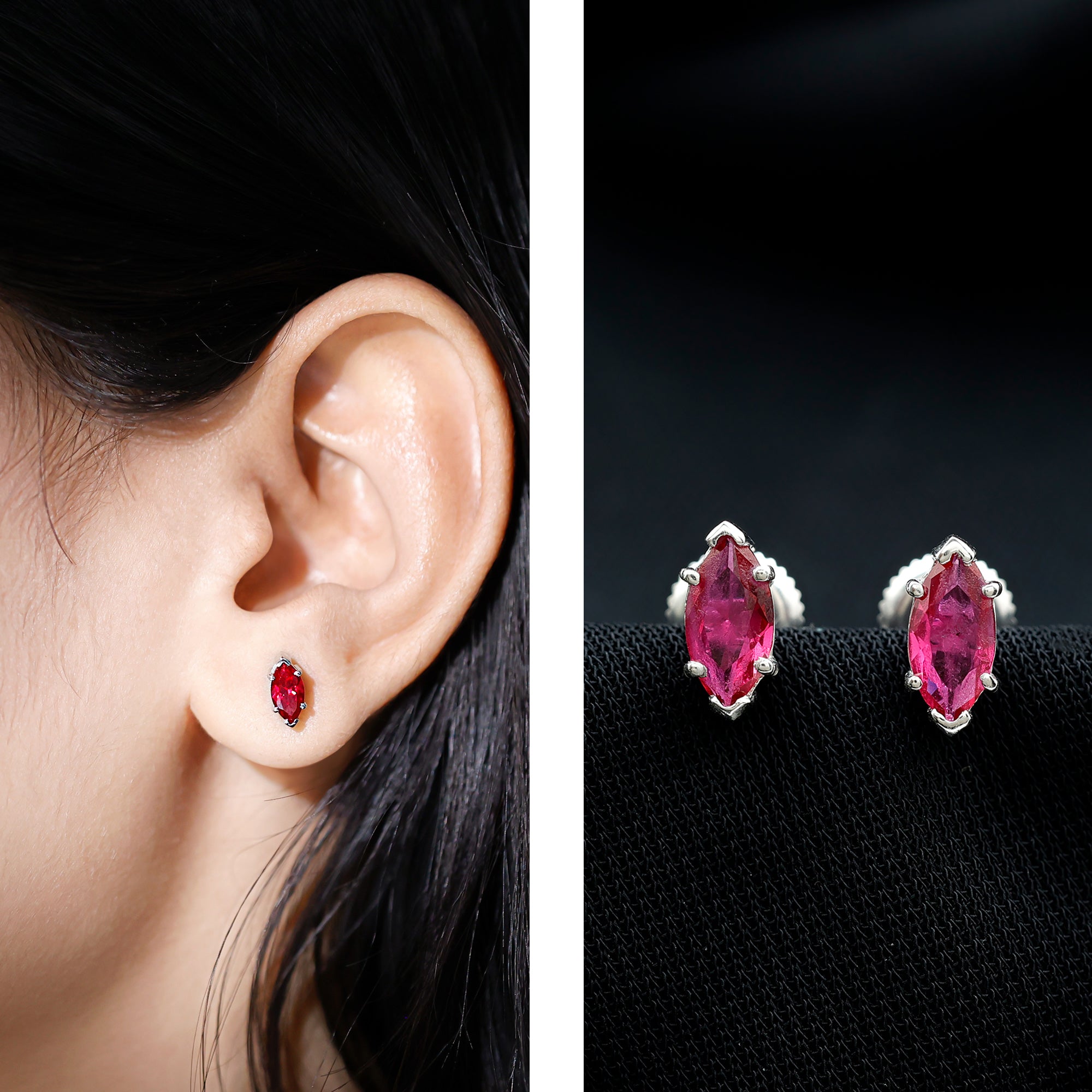 Certified Marquise Cut Lab Grown Ruby Everyday Stud Earring AAAA - Rosec Jewels