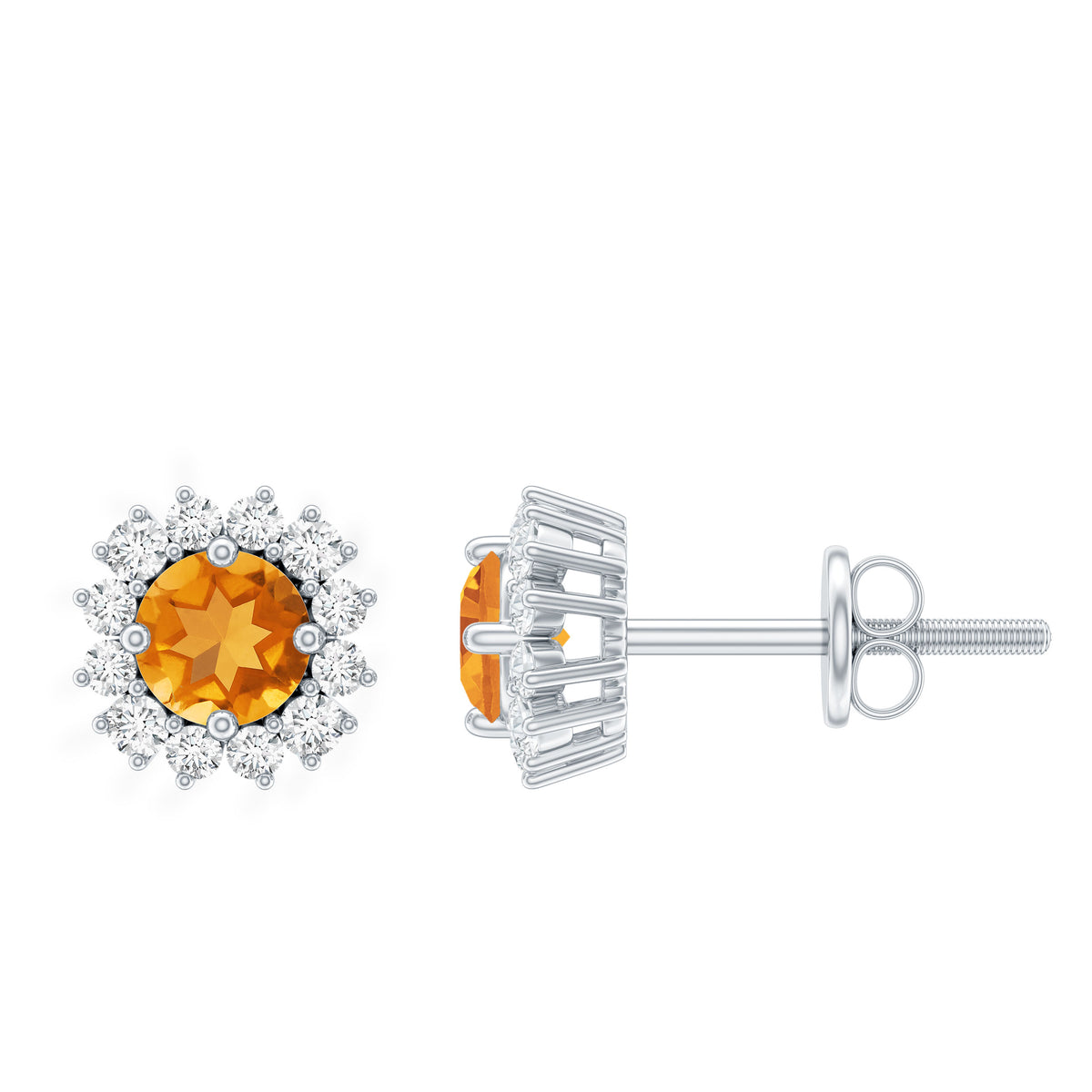 1 Carat Classic Yellow Citrine and Diamond Halo Stud Earrings AAA - Rosec Jewels