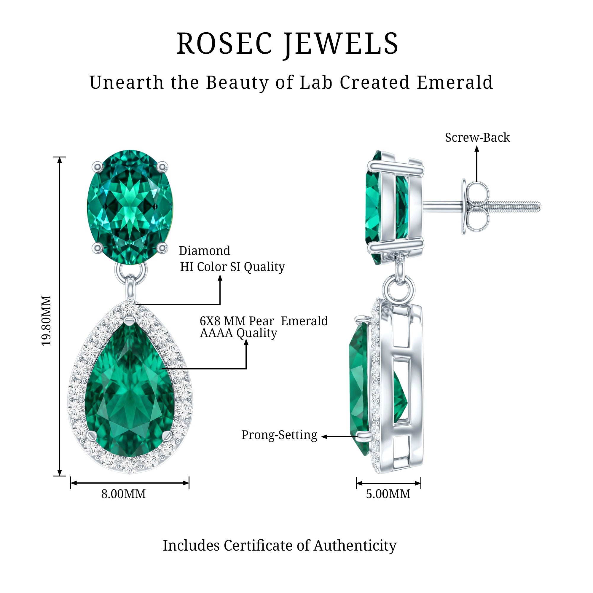 Lab Created Emerald and Diamond Bridal Drop Earrings with Certificate AAAA - Rosec Jewels
