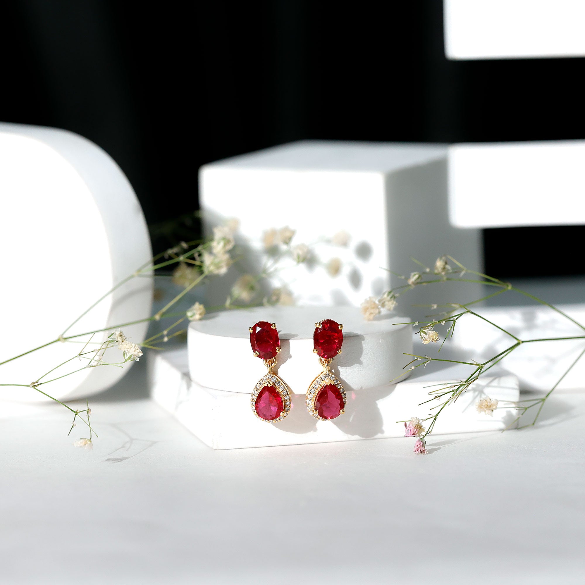 5 Carat Lab Created Ruby and Diamond Dangle Drop Earrings AAAA - Rosec Jewels