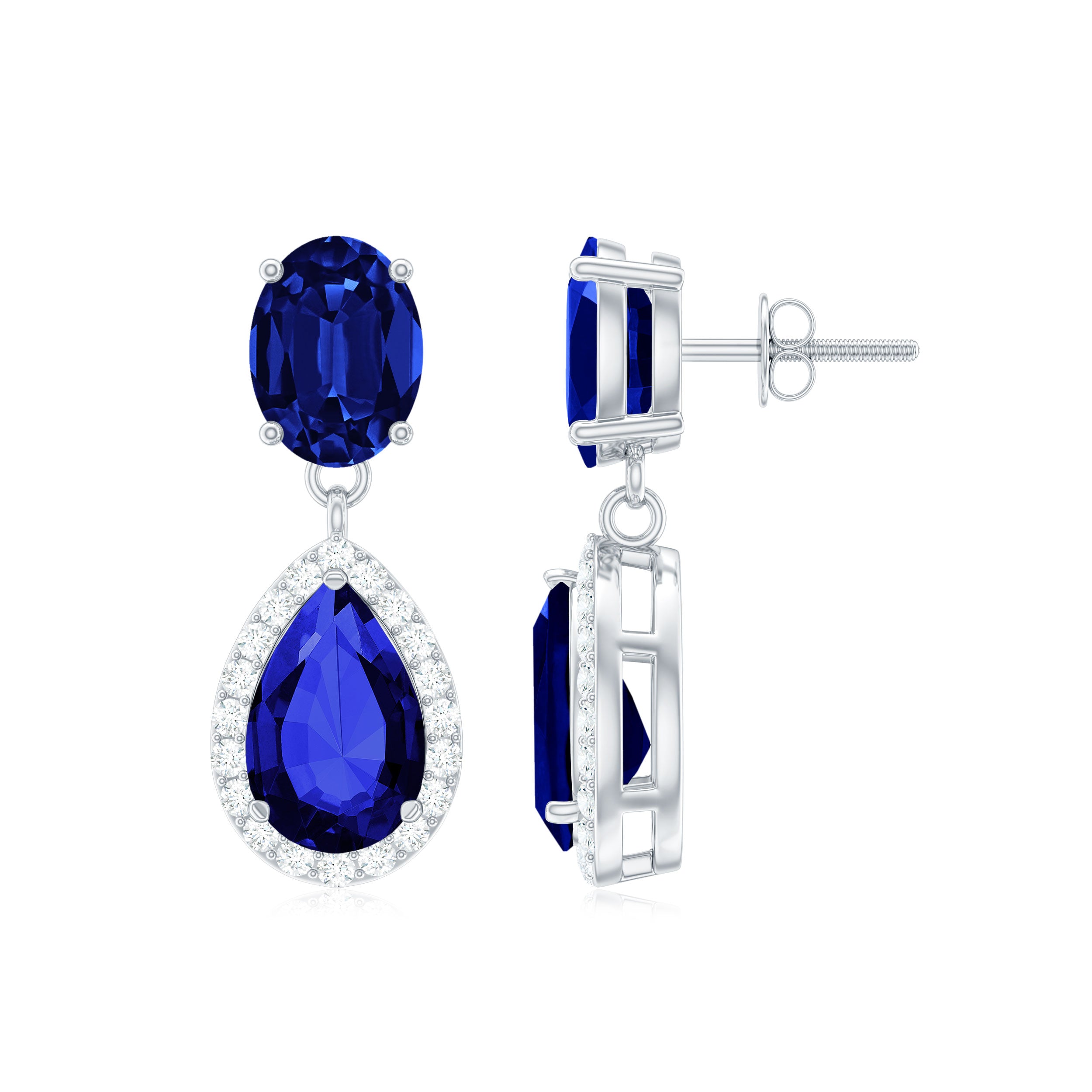 Lab Grown Blue Sapphire Bridal Dangle Earrings with Moissanite