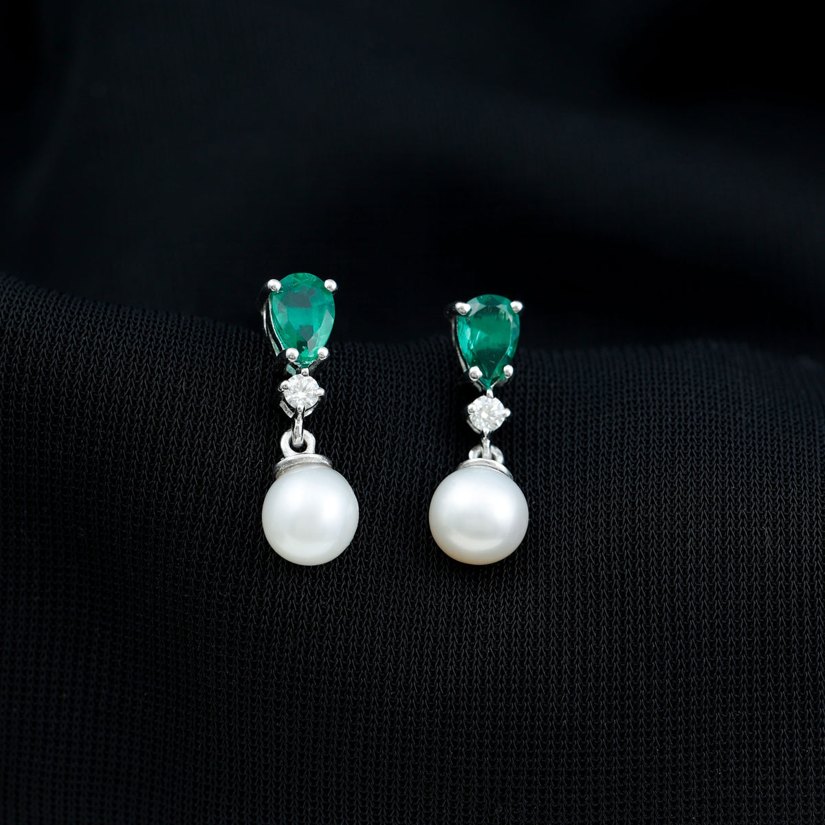 Freshwater Pearl Drop Dangle Earrings With Created Emerald AAA - Rosec Jewels
