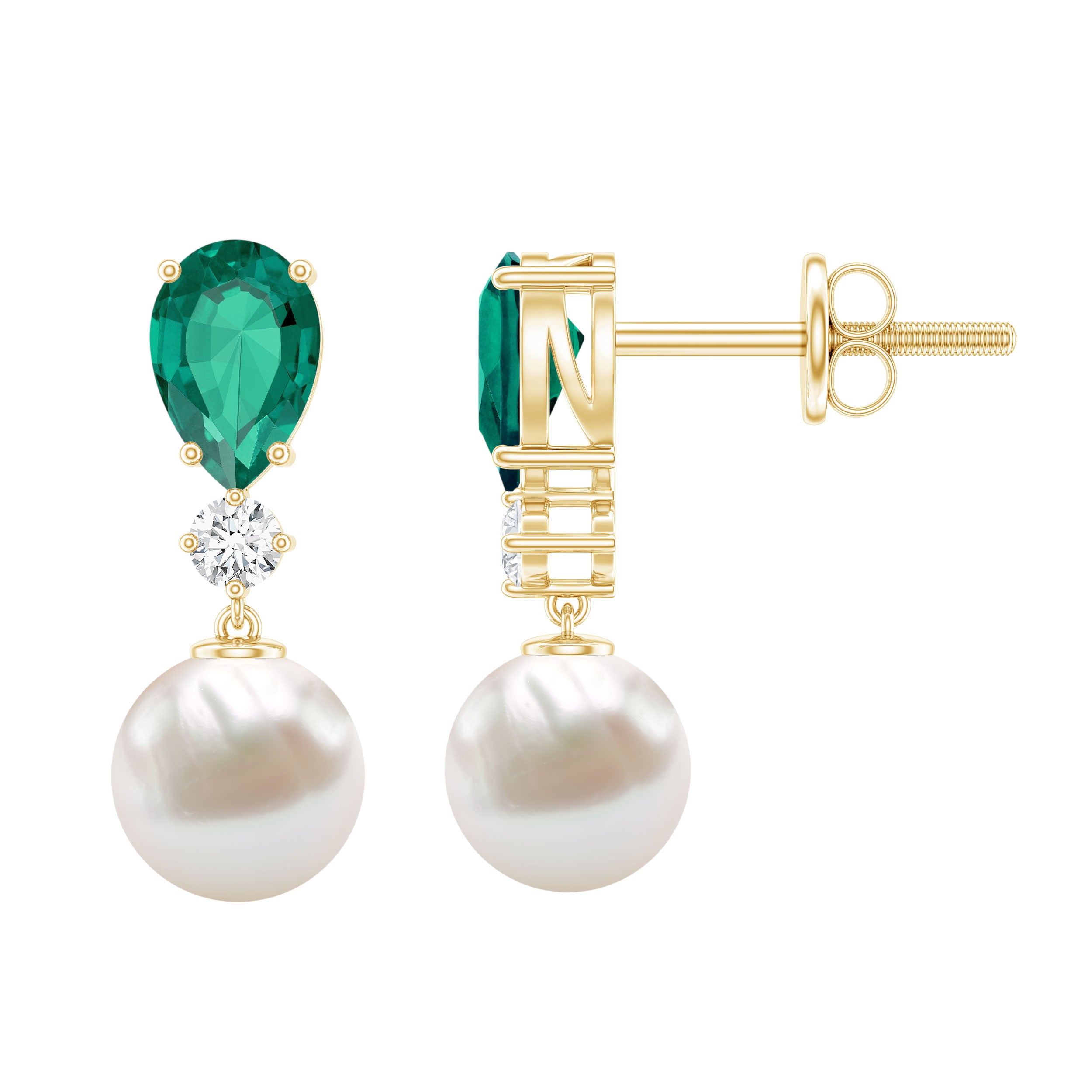 Freshwater Pearl Drop Dangle Earrings With Created Emerald AAA - Rosec Jewels