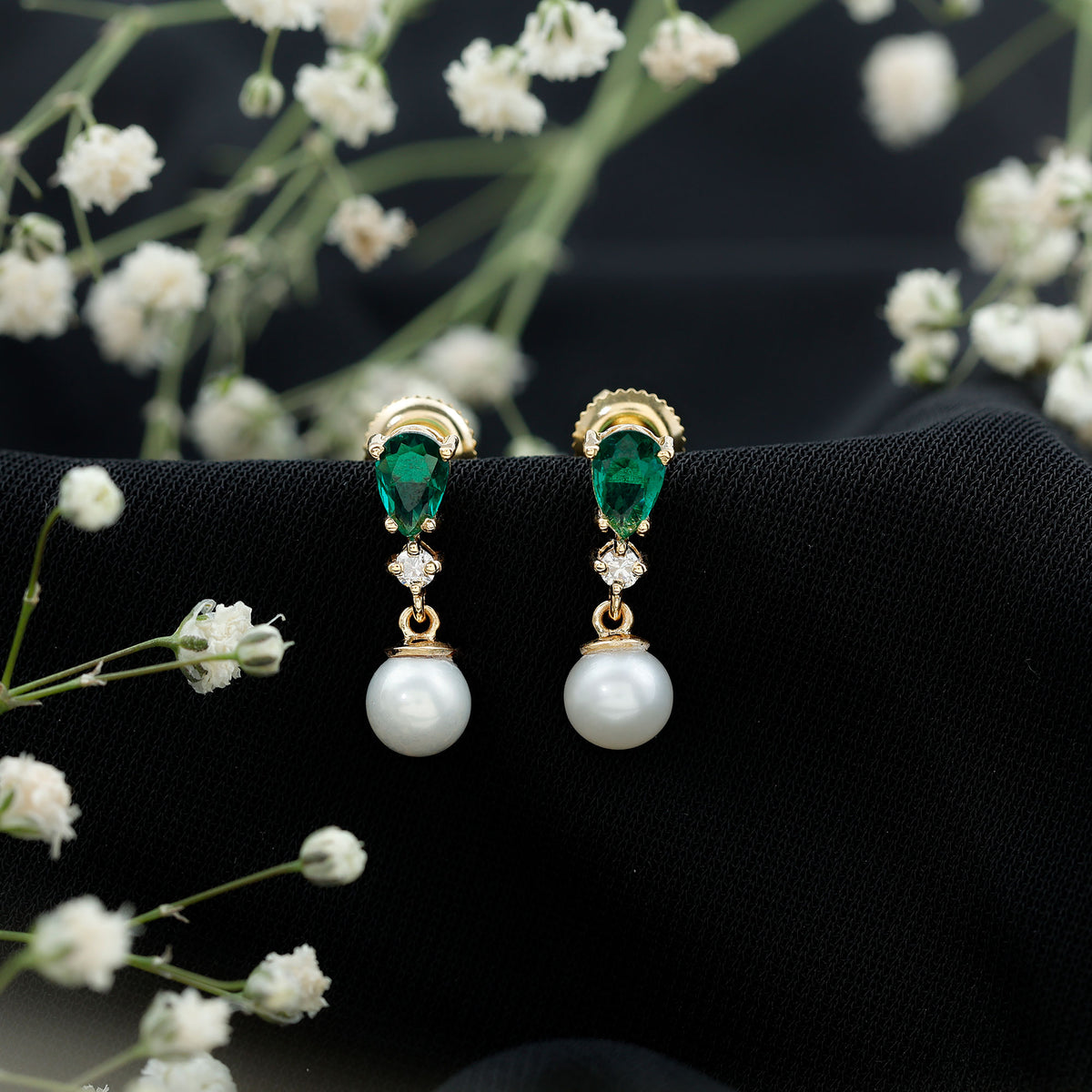 Freshwater Pearl Drop Dangle Earrings With Created Emerald AAA - Rosec Jewels