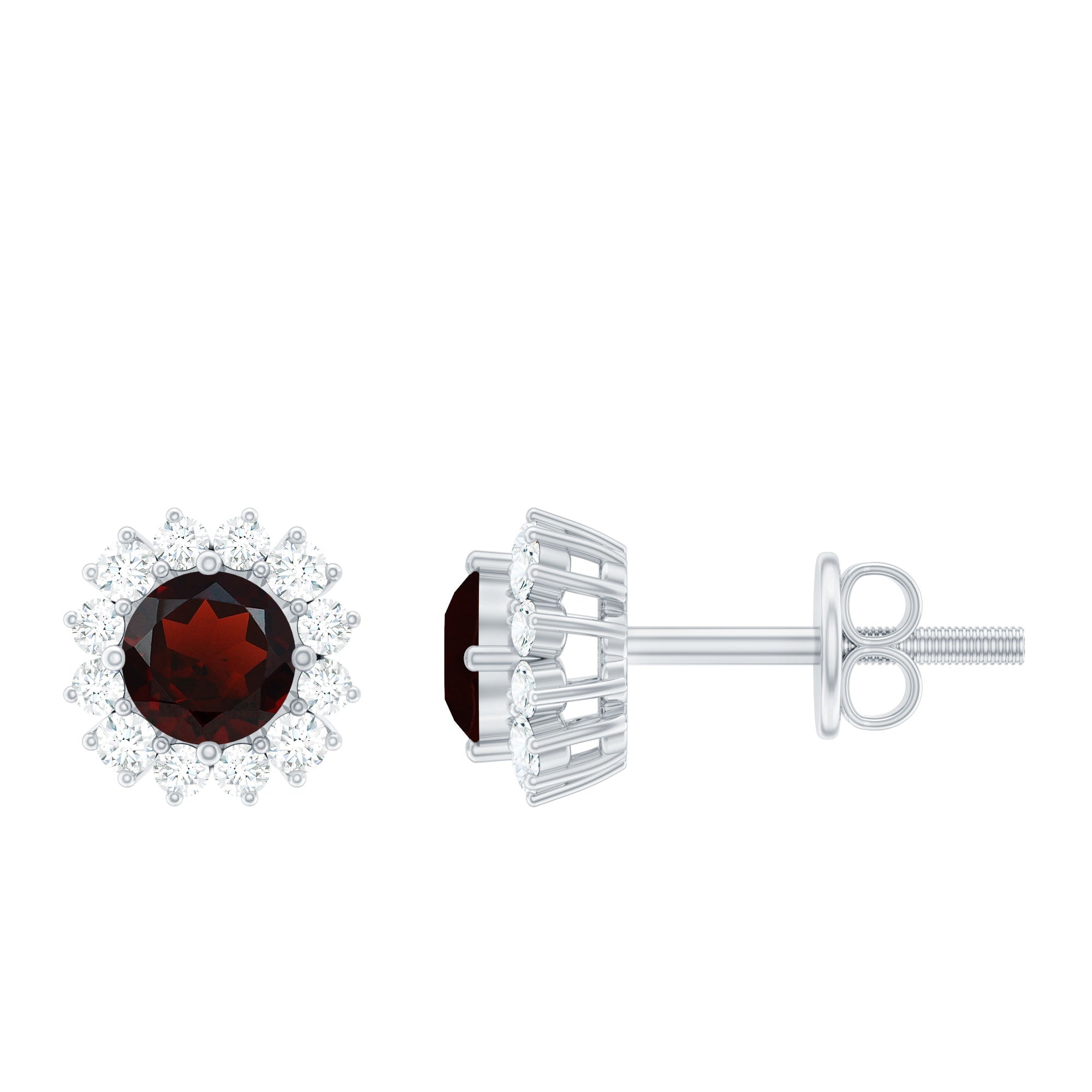 Genuine Garnet and Diamond Halo Stud Earrings