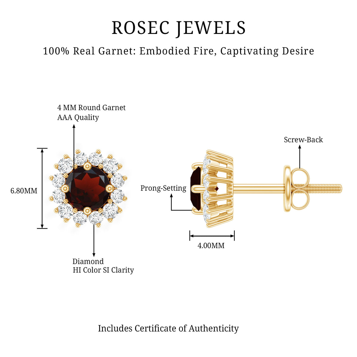 Genuine Garnet and Diamond Halo Stud Earrings AAA - Rosec Jewels