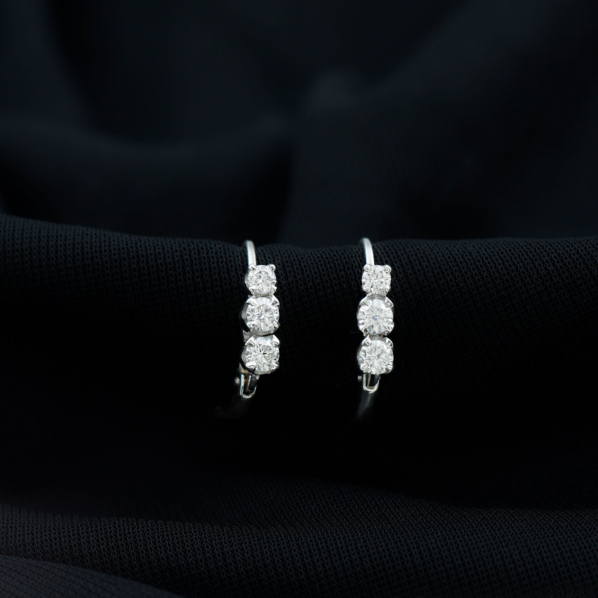 Round Moissanite Three Stone Hoop Earrings with Lever Back D-VS1 - Rosec Jewels