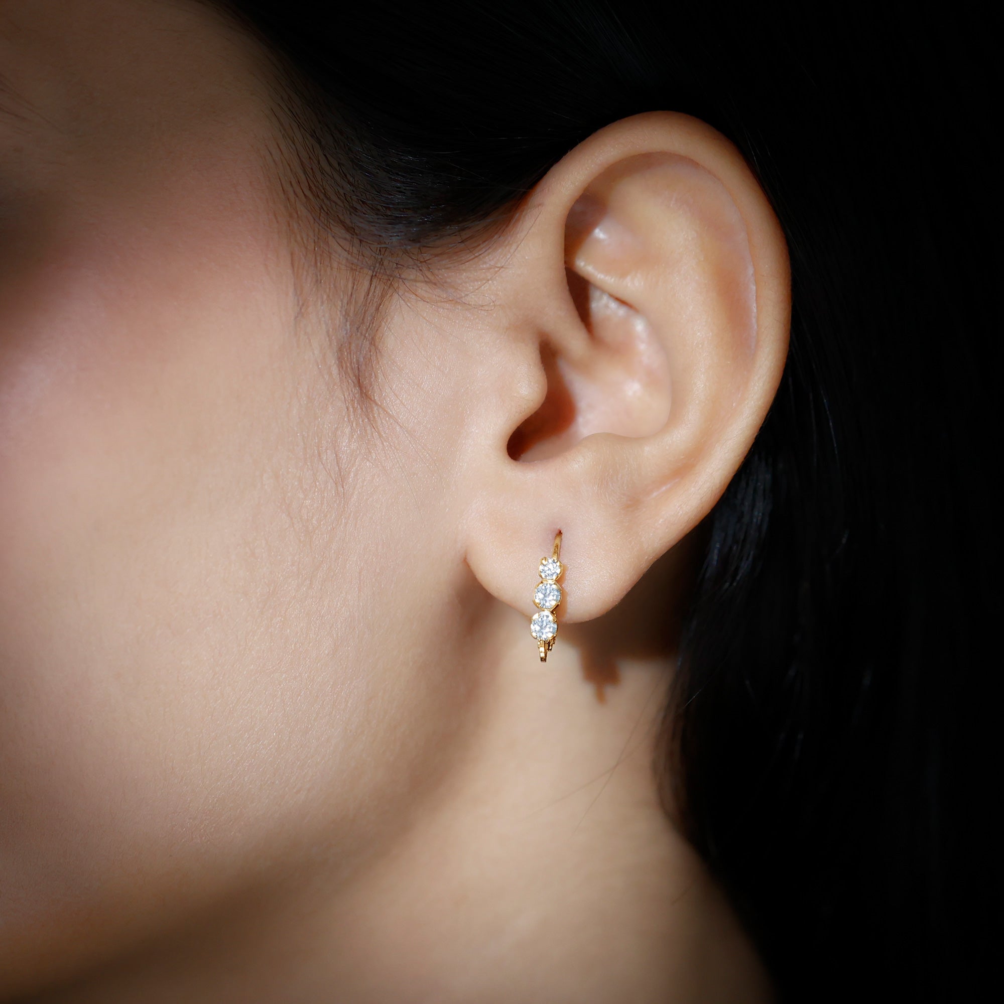 Round Moissanite Three Stone Hoop Earrings with Lever Back D-VS1 - Rosec Jewels
