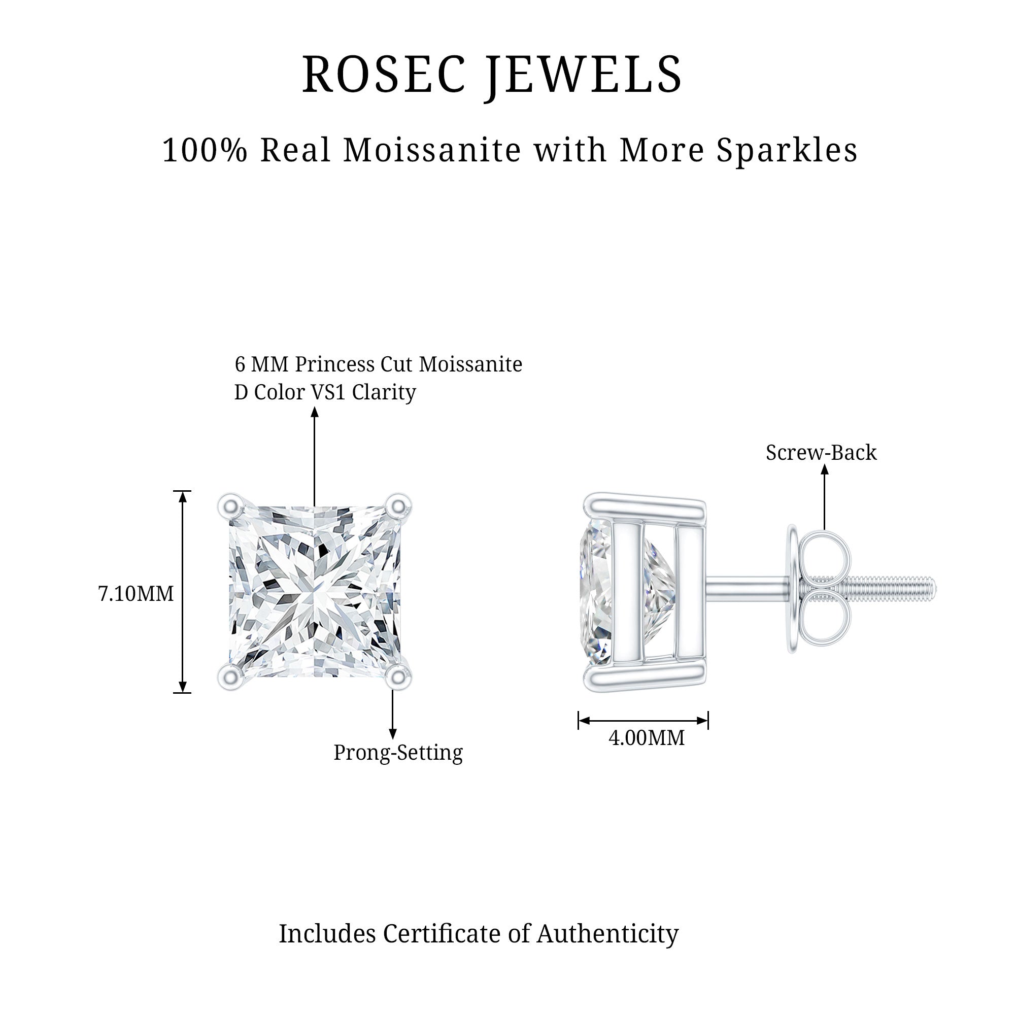6MM Solitaire Princess Cut Moissanite Stud Earrings D-VS1 - Rosec Jewels