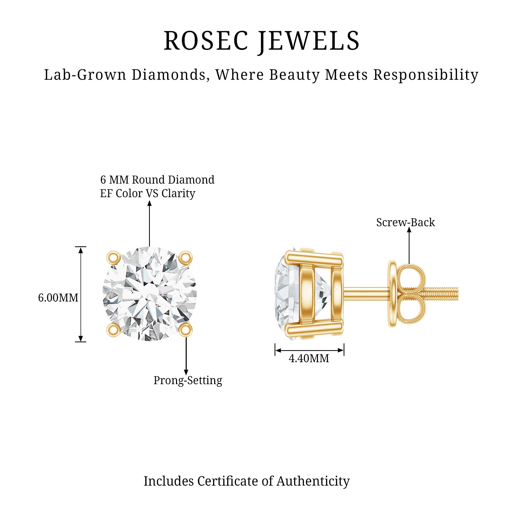 Solitaire 2 CT Lab Grown Diamond Stud Earrings with Screw Back Lab - ( EF-VS ) - Rosec Jewels