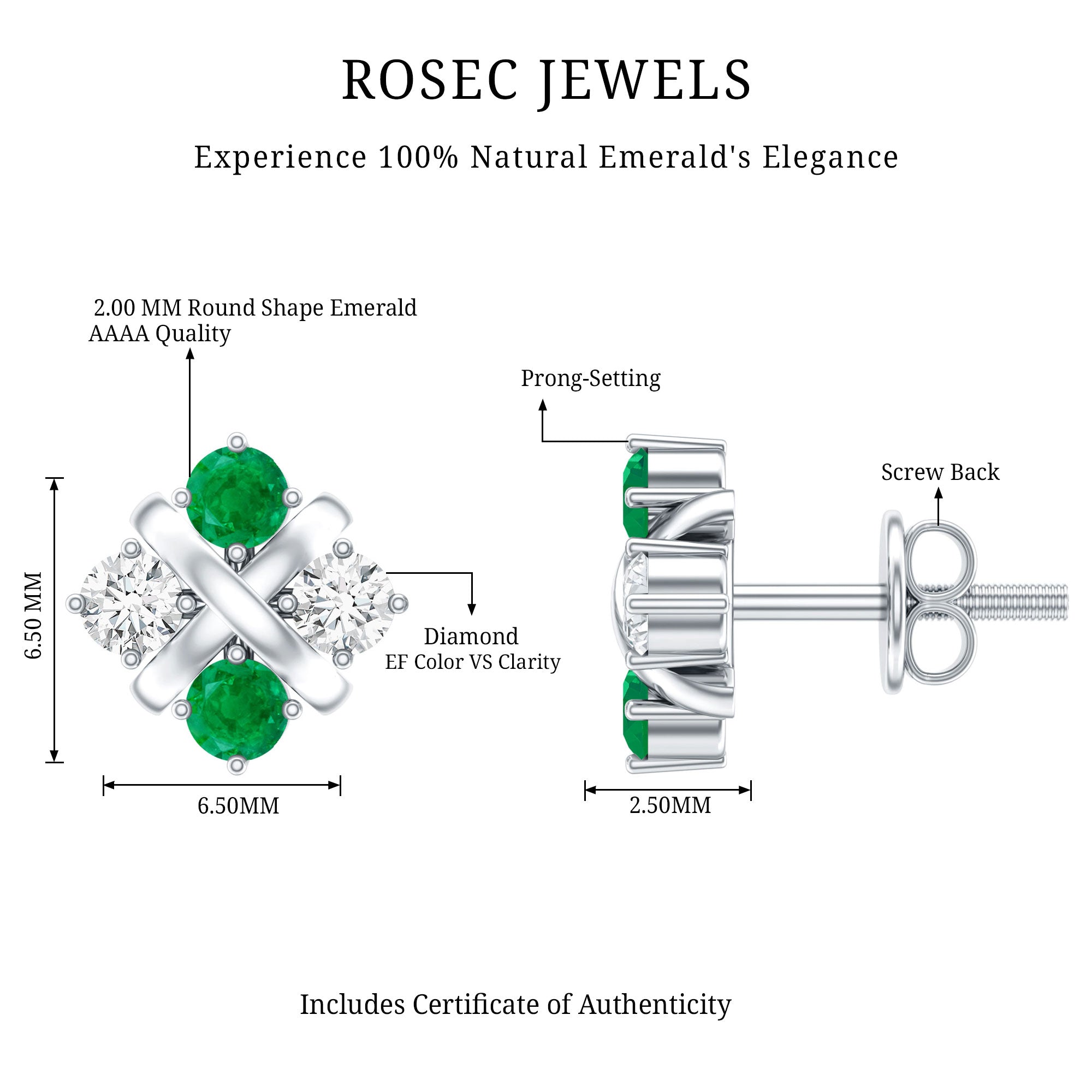 Certified Emerald and Lab Diamond Cluster Stud Earrings AAA - Rosec Jewels