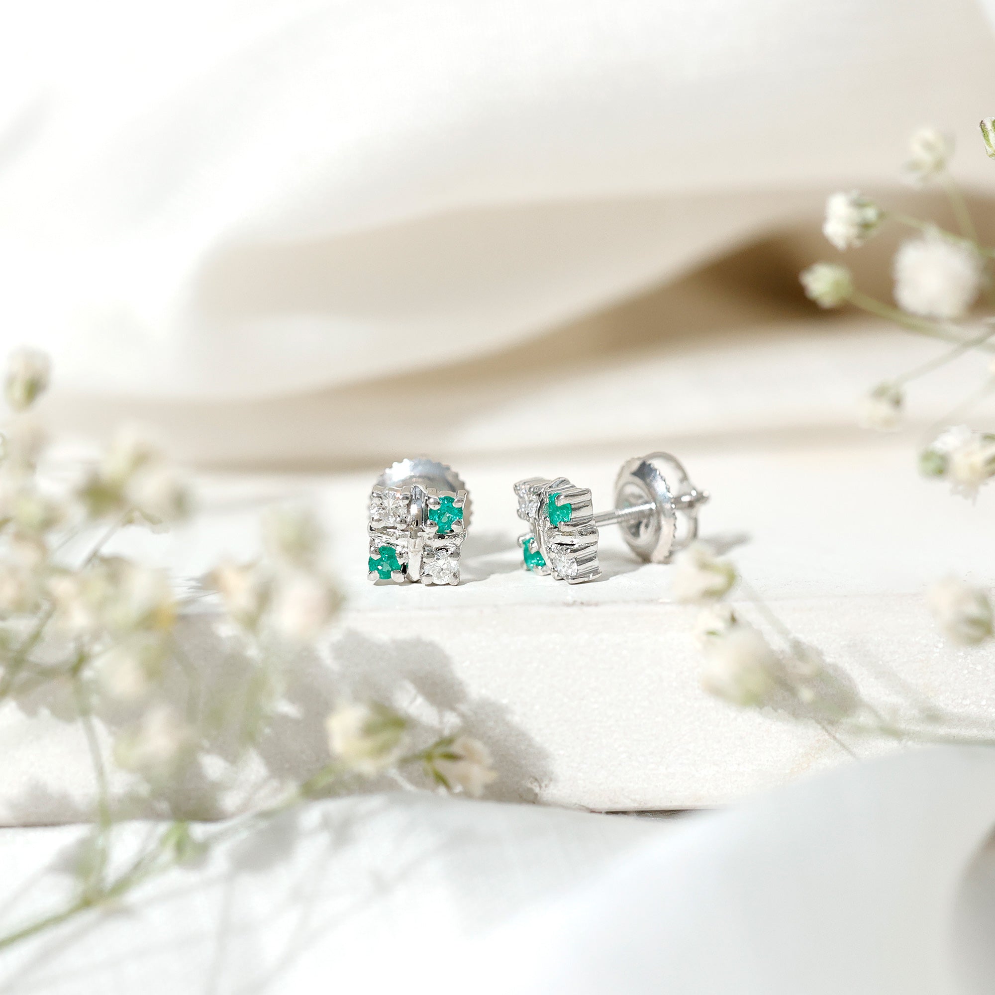 Certified Emerald and Lab Diamond Cluster Stud Earrings AAA - Rosec Jewels