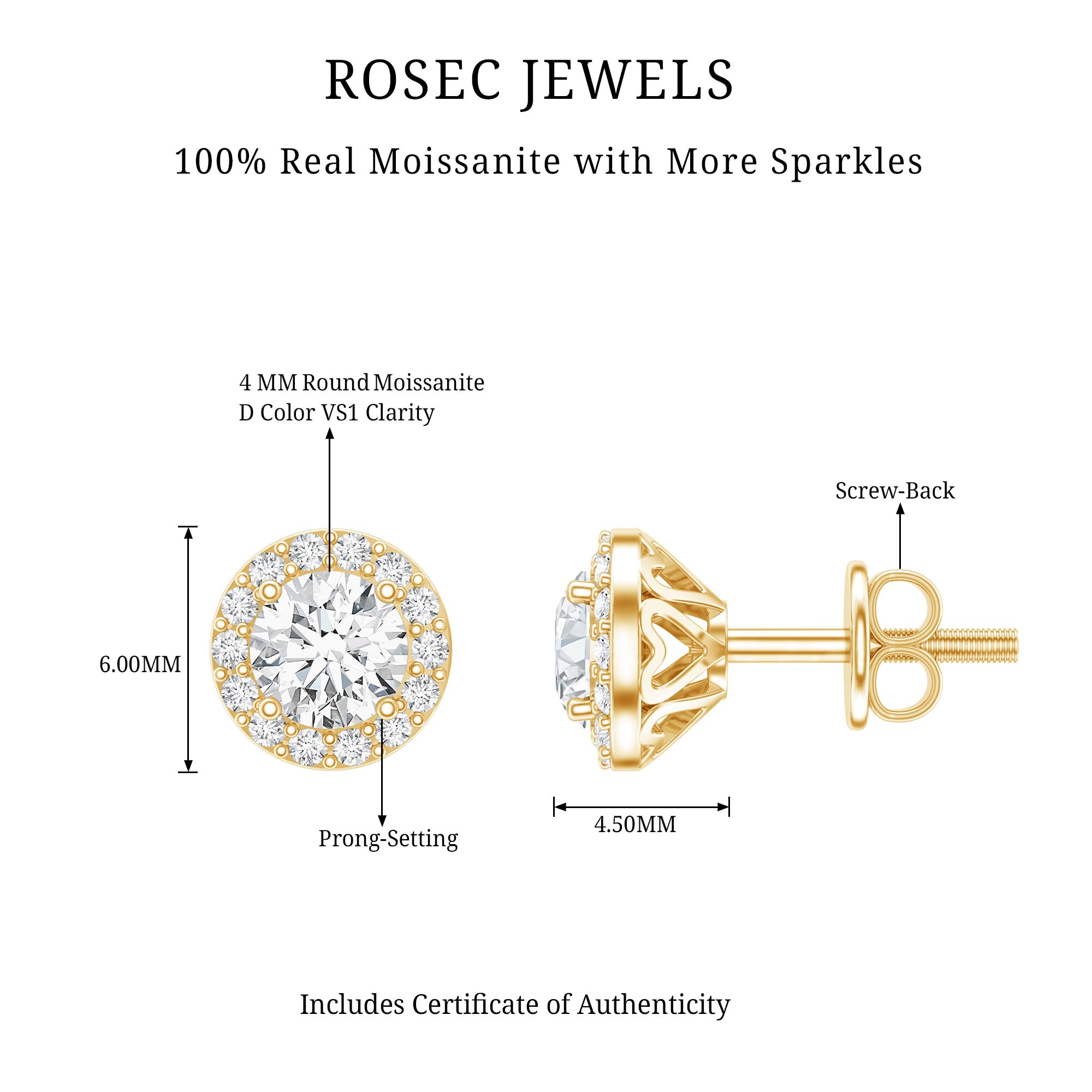 Certified Round Moissanite Halo Stud Earrings D-VS1 - Rosec Jewels