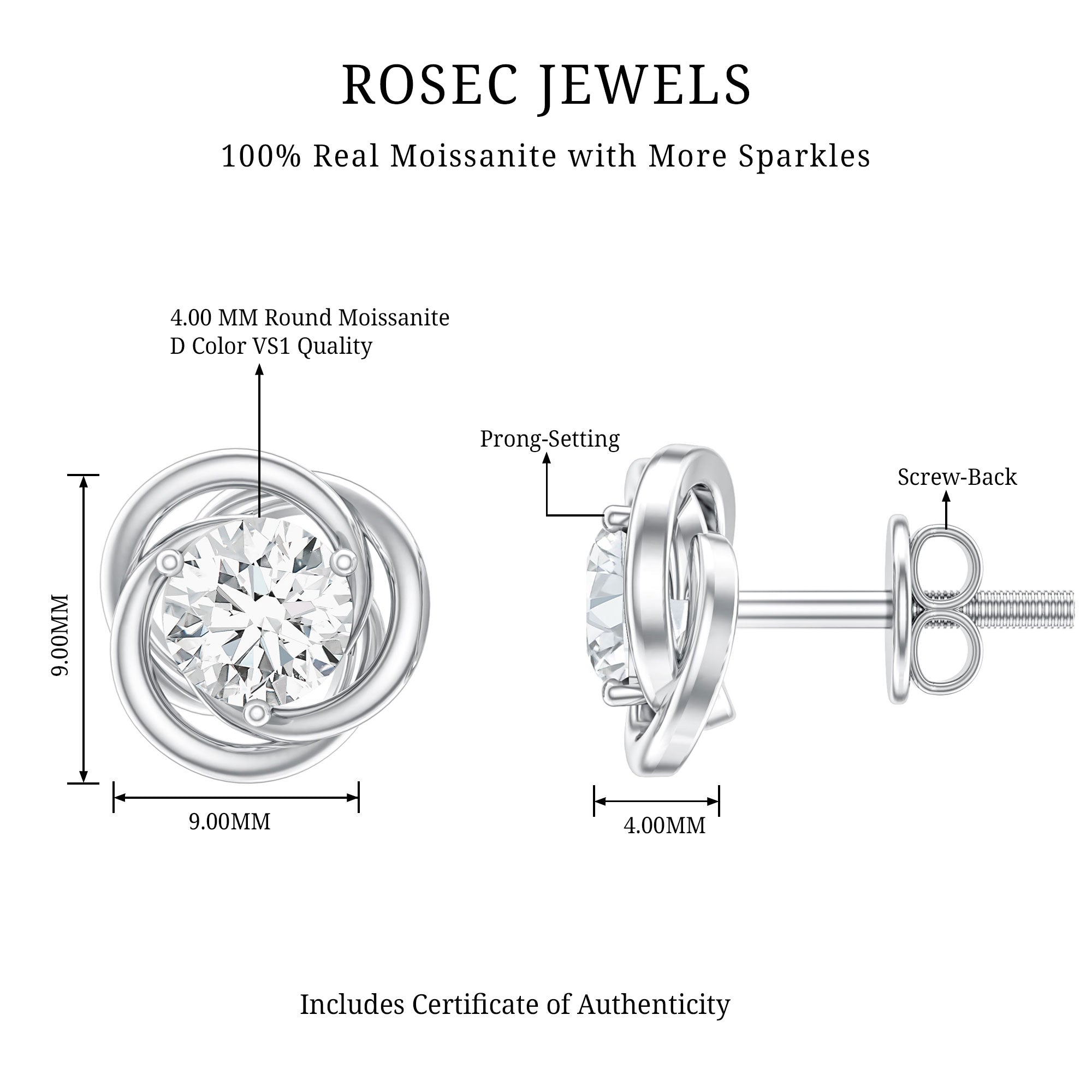 Certified Moissanite Swirl Stud Earrings D-VS1 - Rosec Jewels