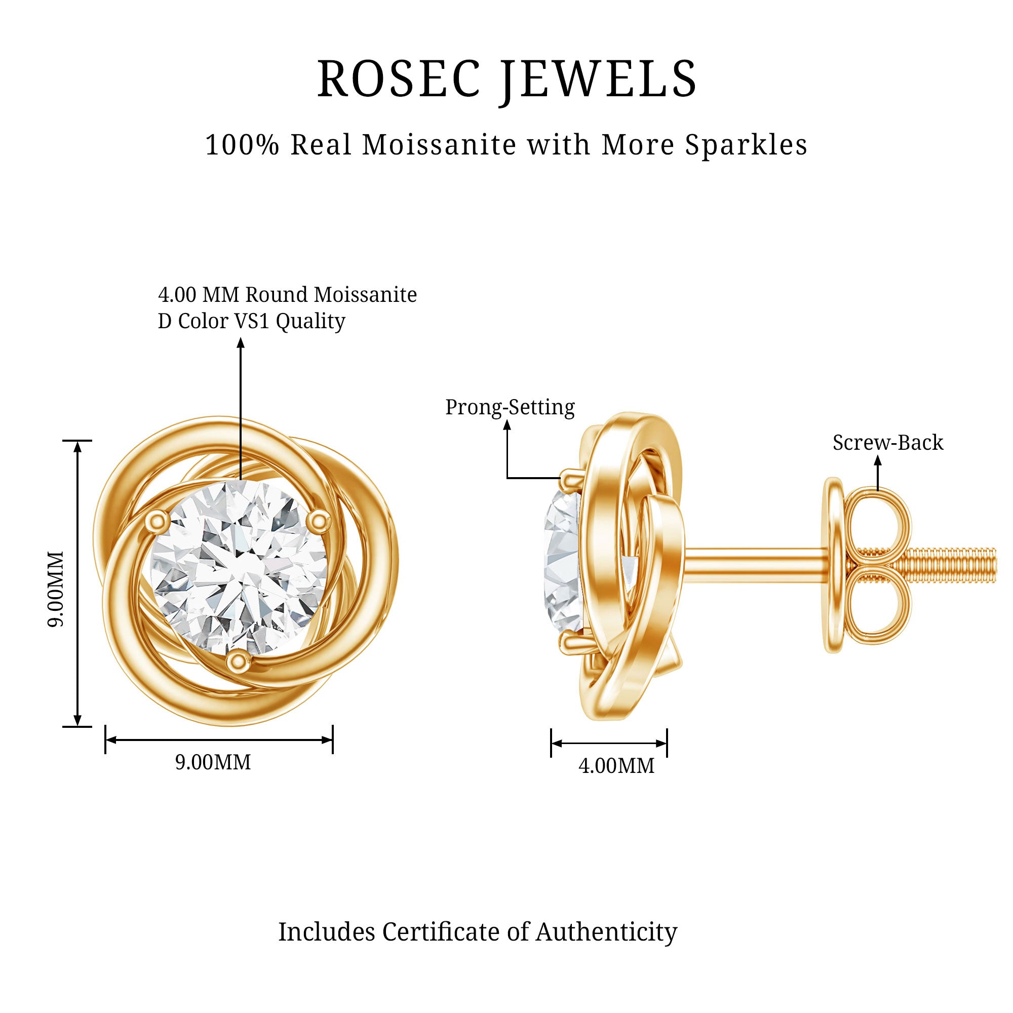 Certified Moissanite Swirl Stud Earrings D-VS1 - Rosec Jewels