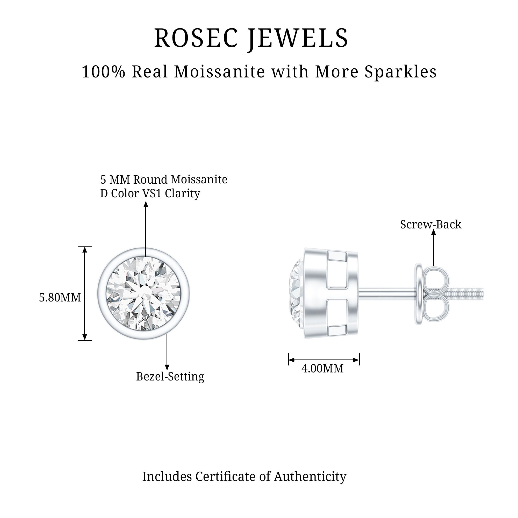 Bezel Set Round Cut Moissanite Stud Earrings D-VS1 - Rosec Jewels