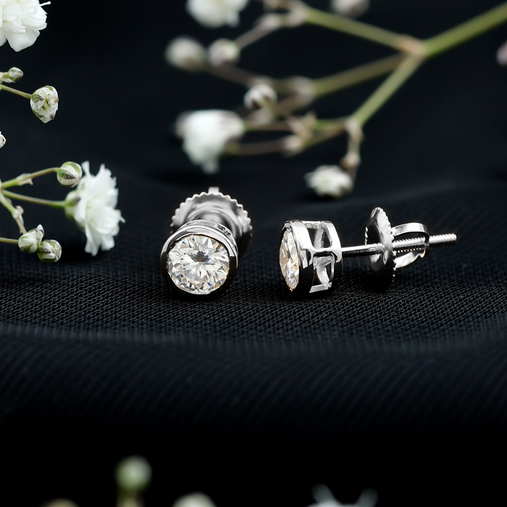 Bezel Set Round Cut Moissanite Stud Earrings D-VS1 - Rosec Jewels