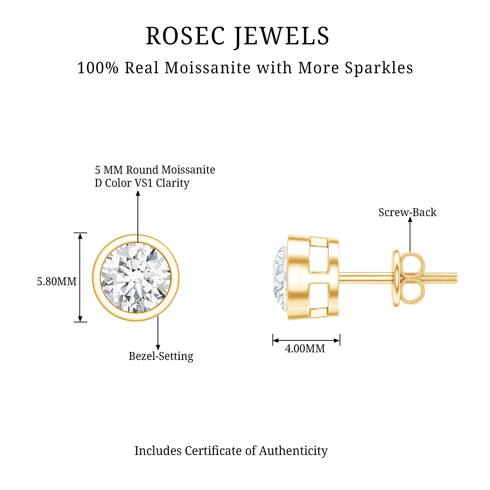 Bezel Set Round Cut Moissanite Stud Earrings D-VS1 - Rosec Jewels