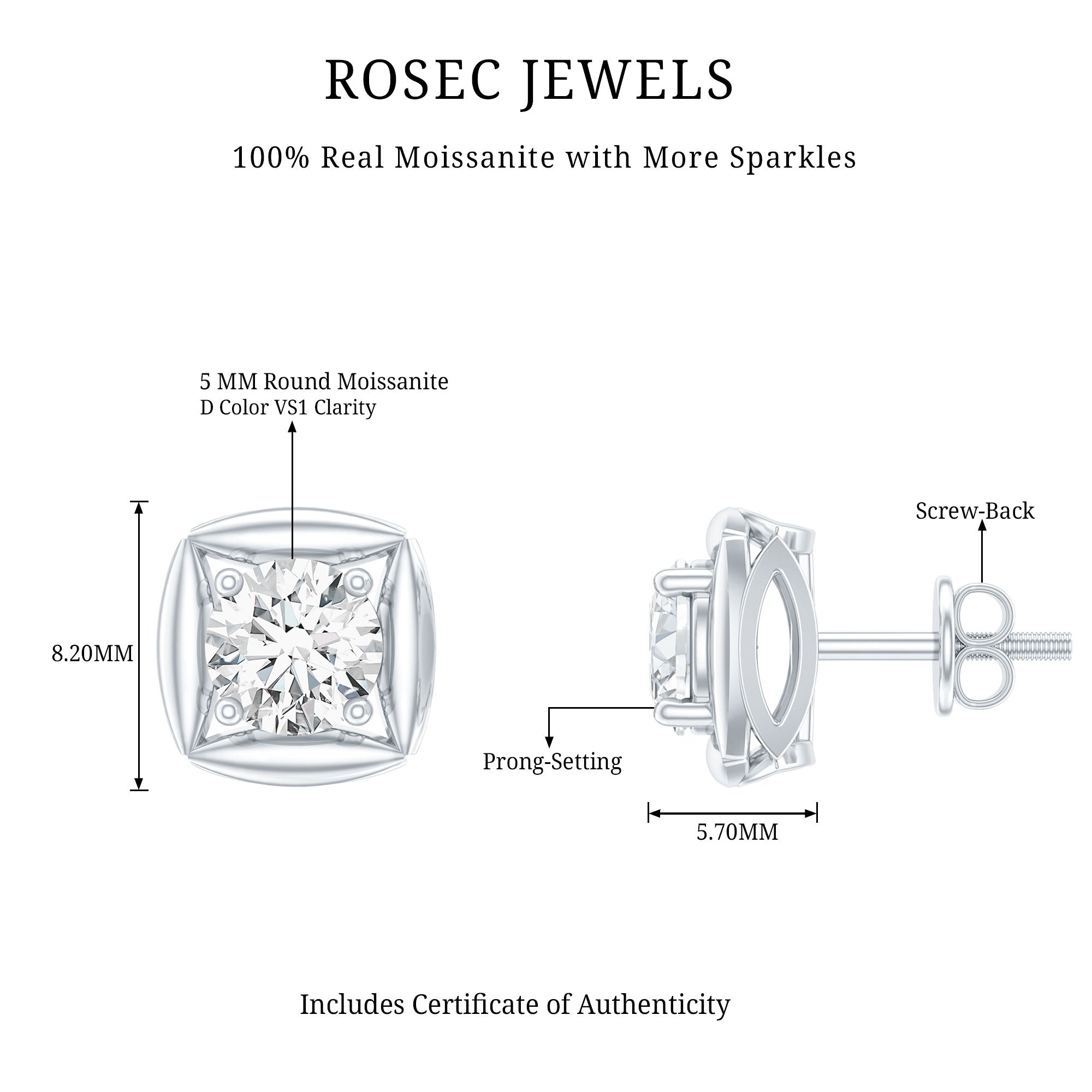 1 CT Solitaire Moissanite Stud Earrings for Women D-VS1 - Rosec Jewels