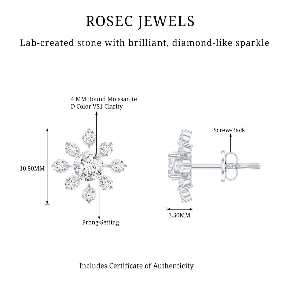 Moissanite Snowflake Stud Earrings with Certificate D-VS1 - Rosec Jewels
