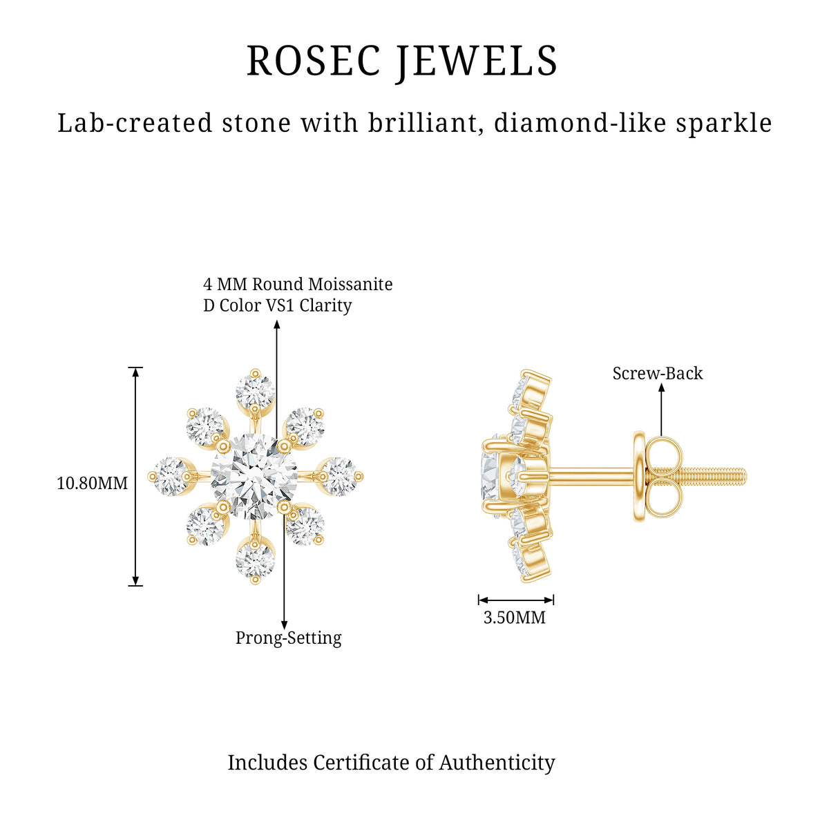 Moissanite Snowflake Stud Earrings with Certificate D-VS1 - Rosec Jewels