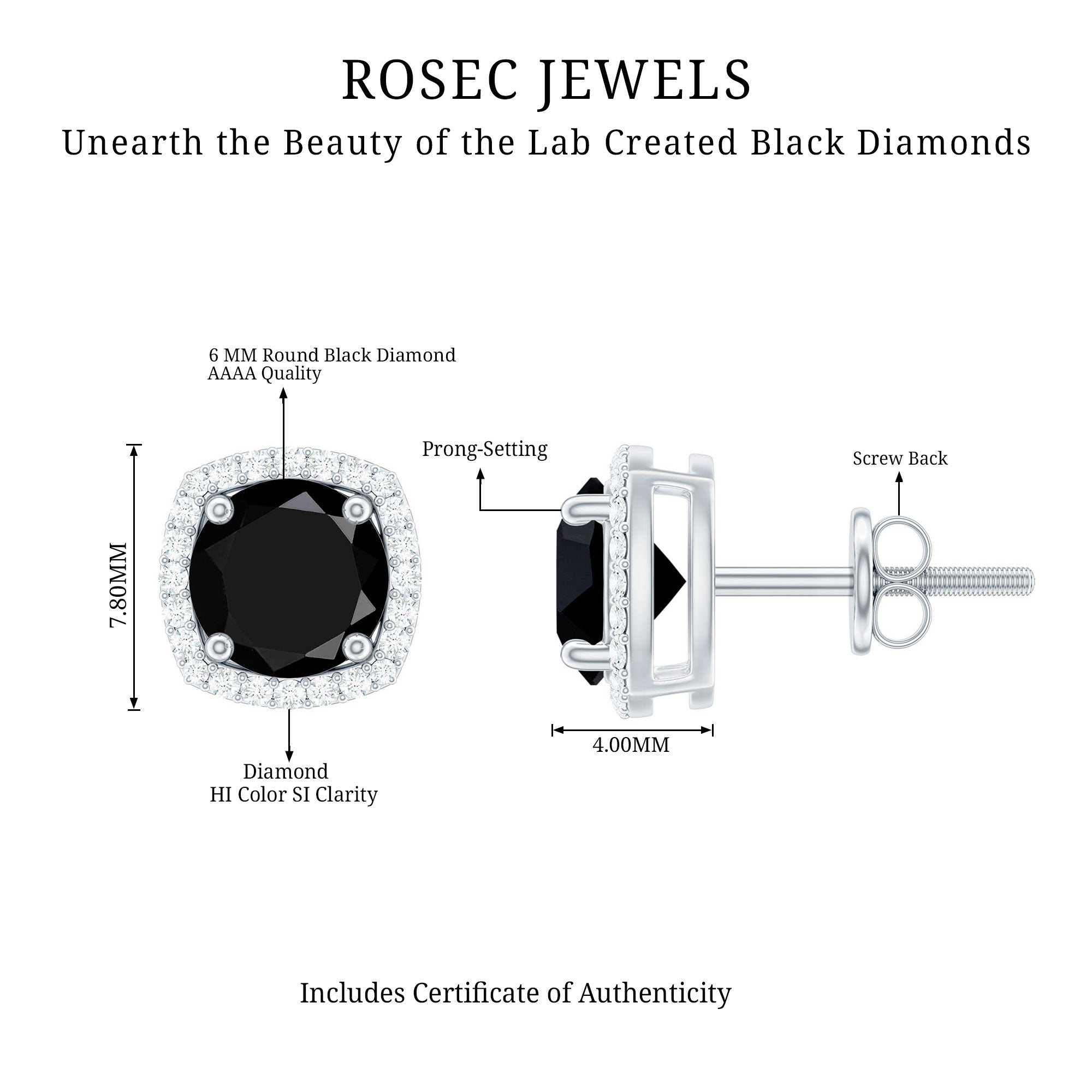Lab Grown Black and White Diamond Halo Stud Earrings AAAA ( Synthetic ) - Rosec Jewels