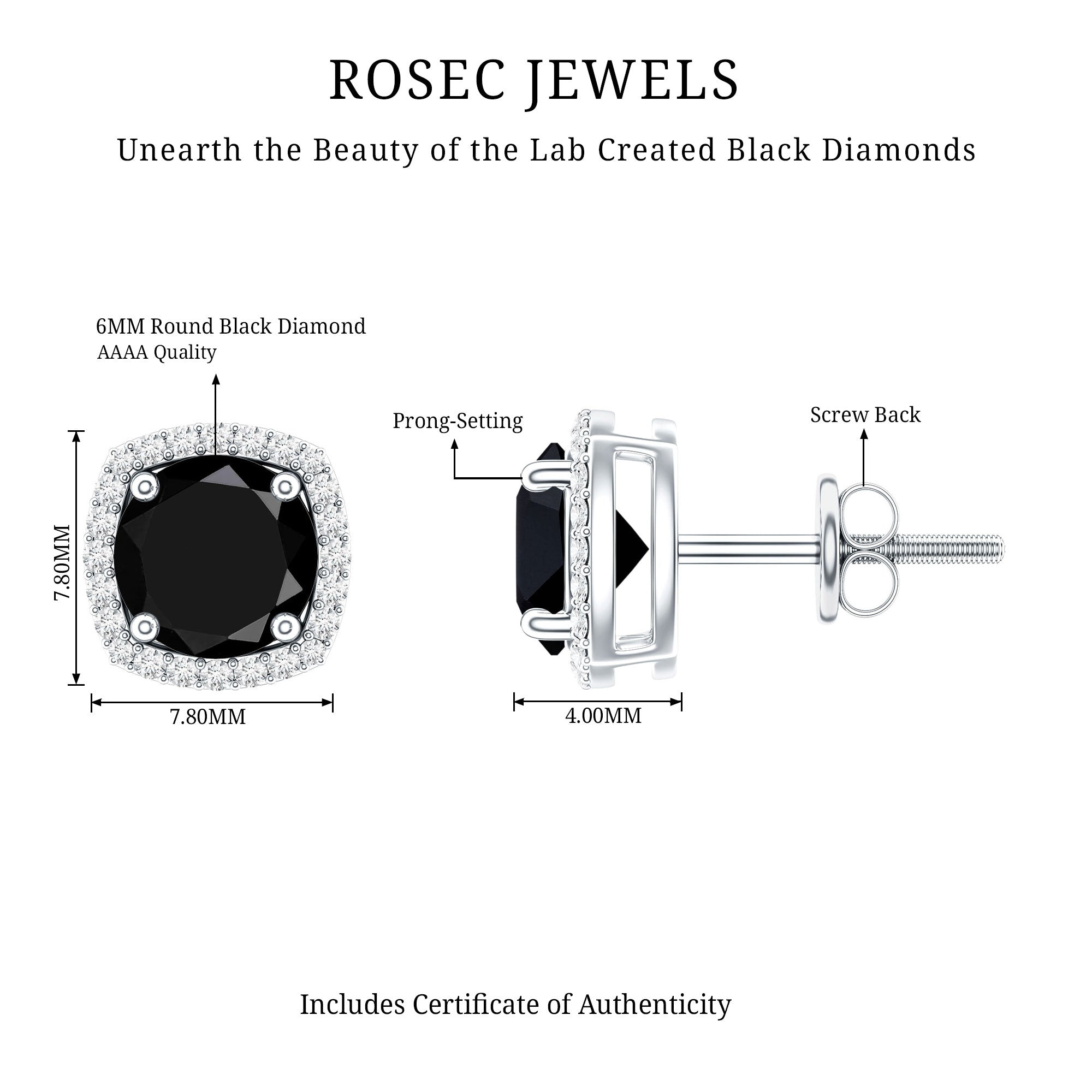 Lab Grown Black and White Diamond Halo Stud Earrings AAAA ( Synthetic ) - Rosec Jewels