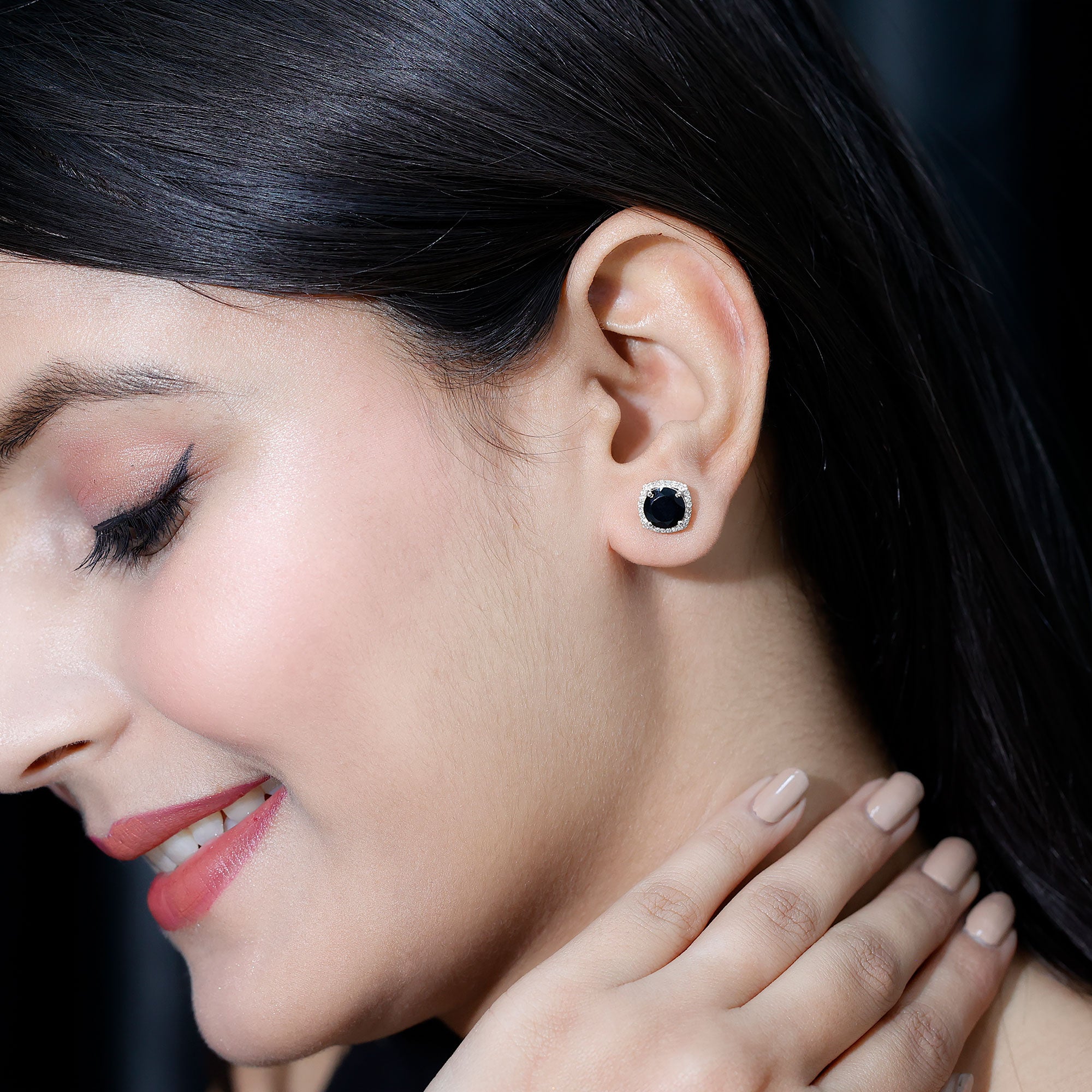 Lab Grown Black and White Diamond Halo Stud Earrings AAAA ( Synthetic ) - Rosec Jewels