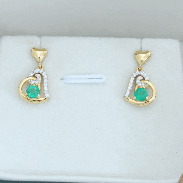 0.9 Carat Round Emerald and Diamond Heart Drop Earrings AAA - Rosec Jewels