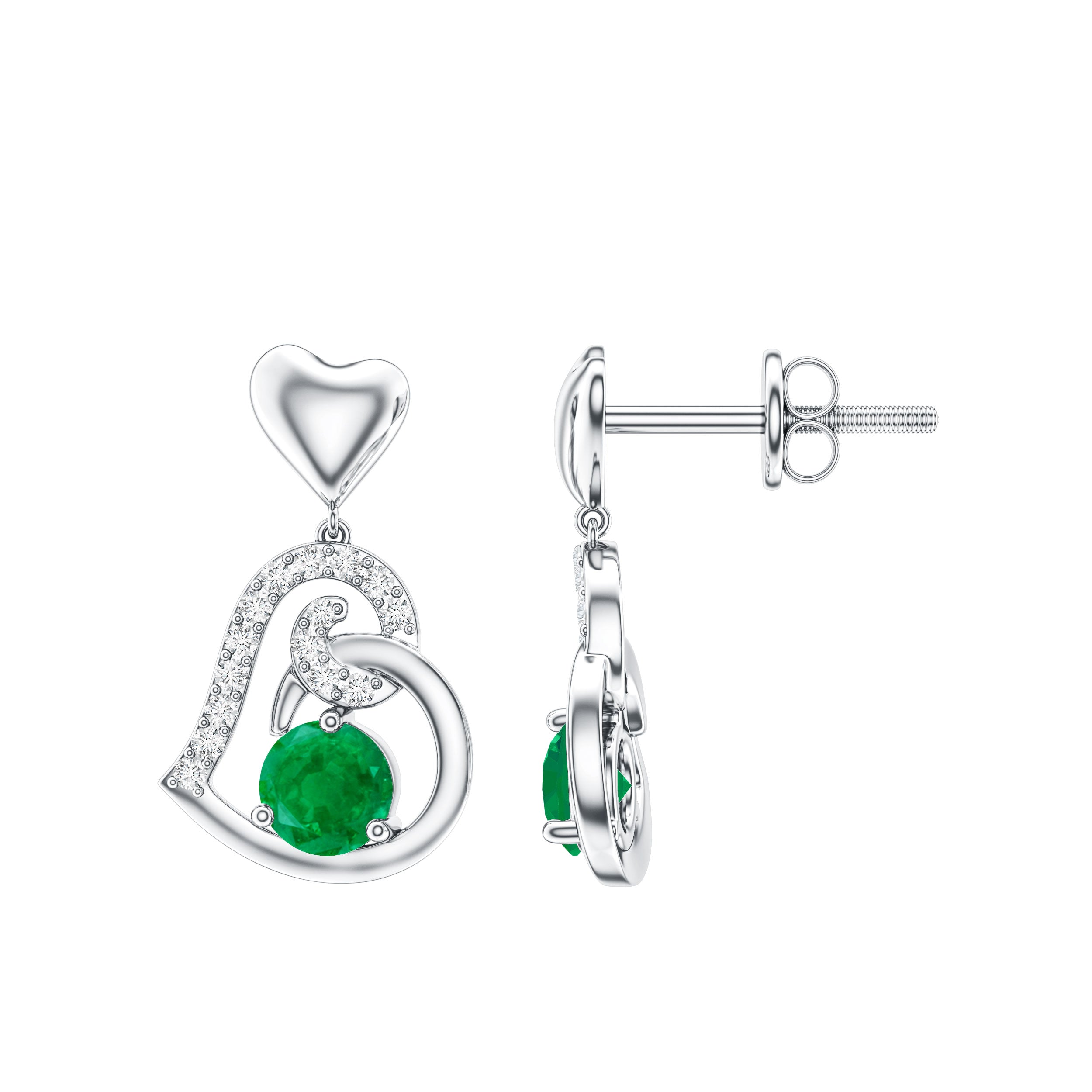 0.9 Carat Round Emerald and Diamond Heart Drop Earrings AAA - Rosec Jewels