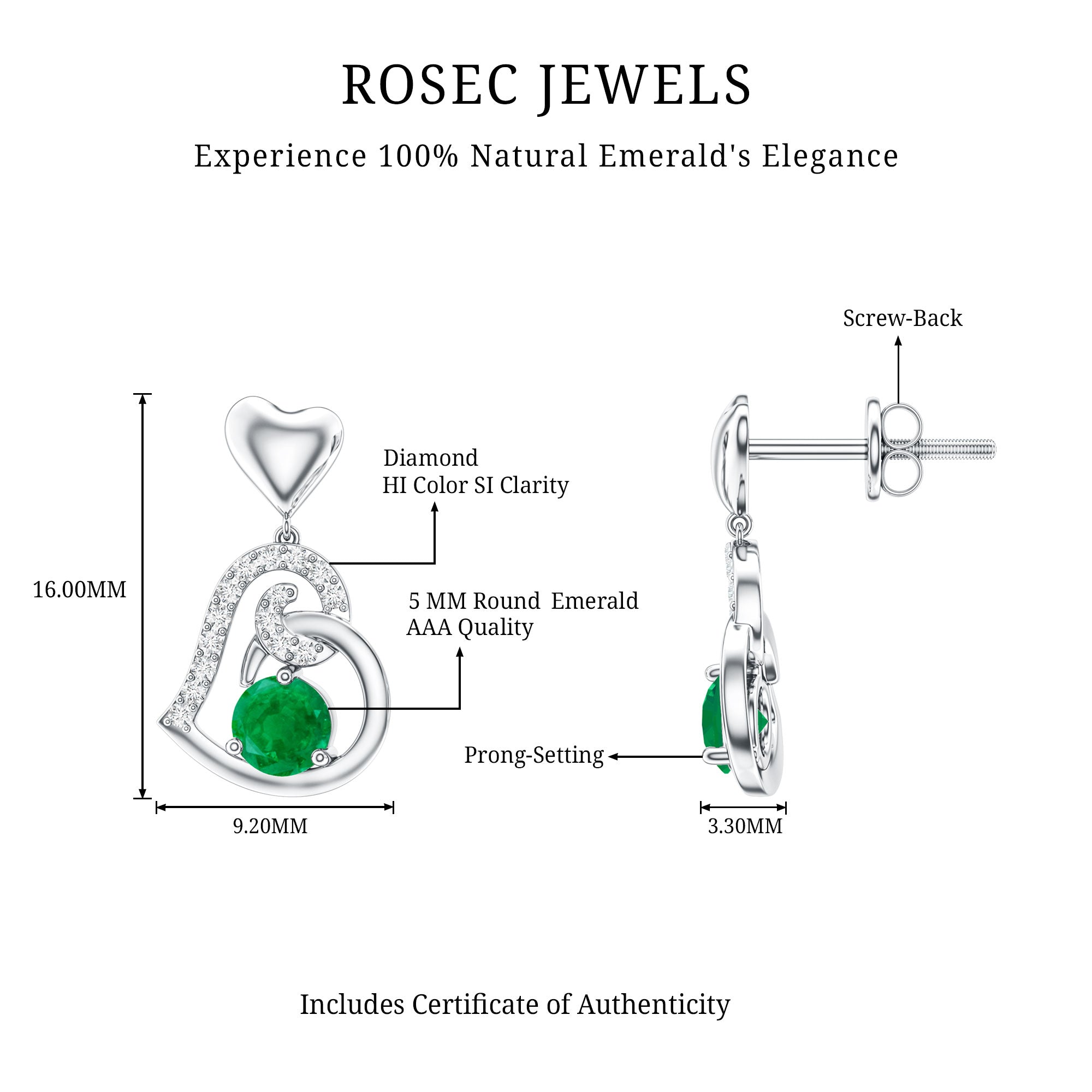 0.9 Carat Round Emerald and Diamond Heart Drop Earrings AAA - Rosec Jewels