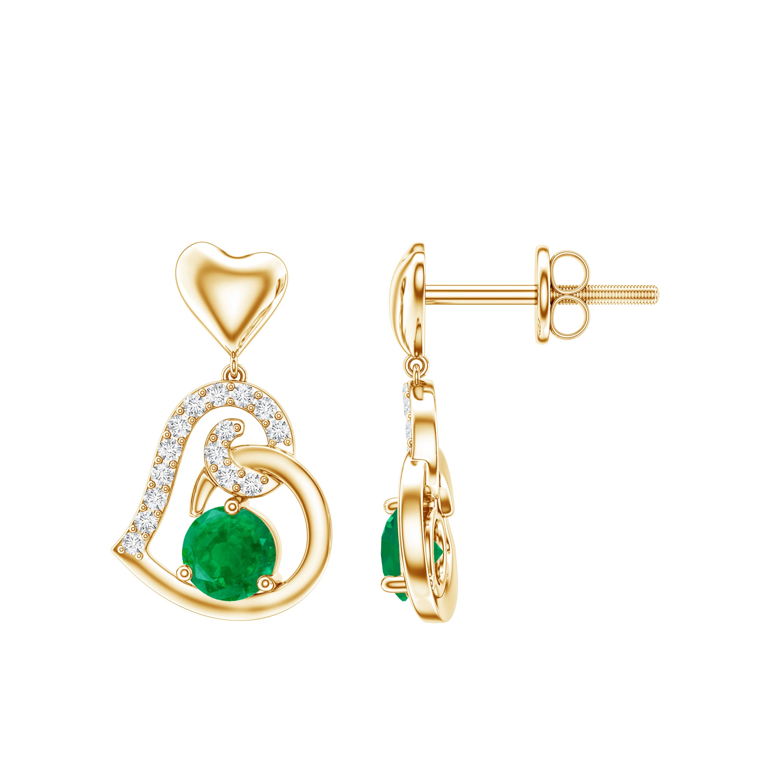 0.9 Carat Round Emerald and Diamond Heart Drop Earrings AAA - Rosec Jewels