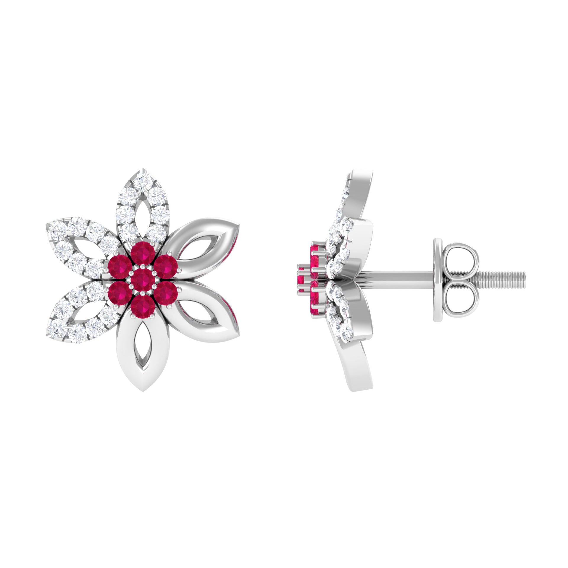 Ruby Floral Stud Earring with Diamond Accent