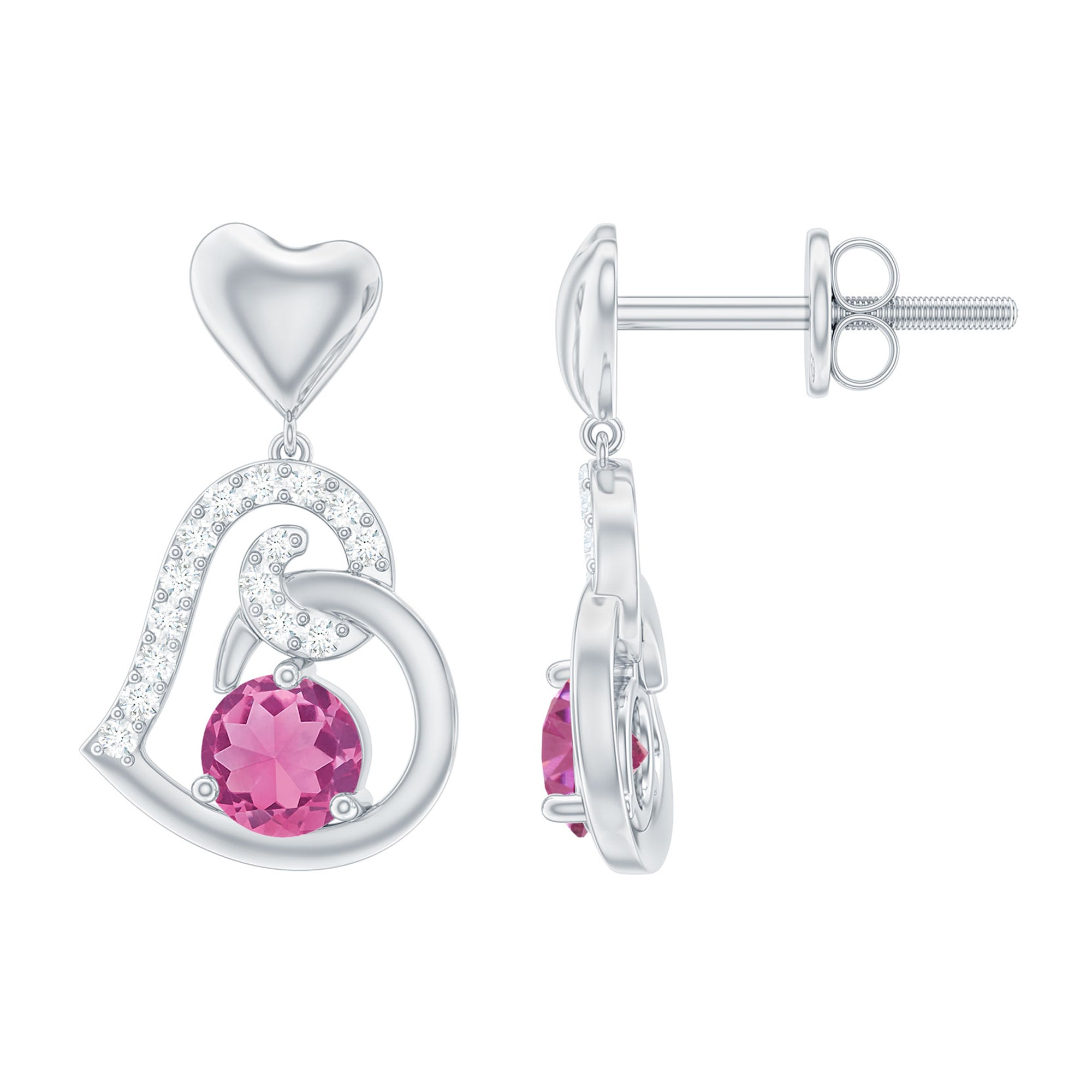 Real Pink Tourmaline and Diamond Heart Drop Earrings AAA - Rosec Jewels