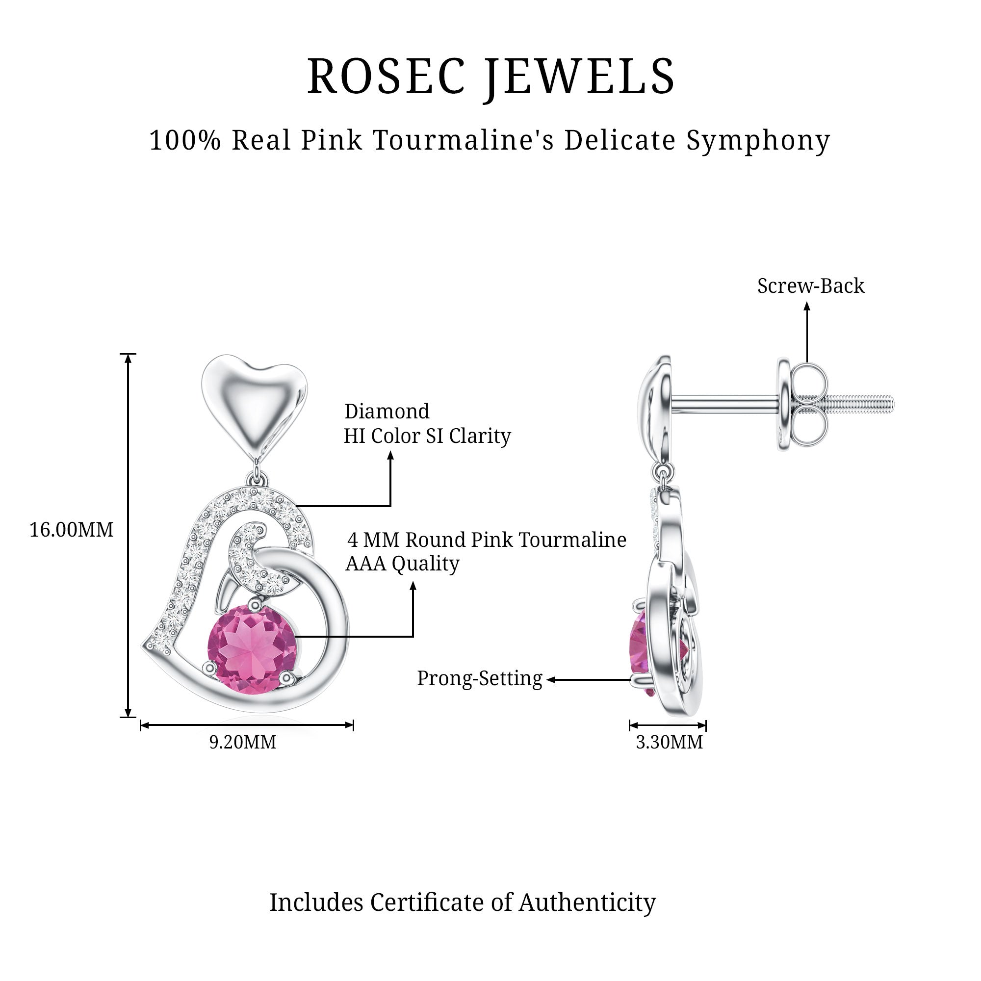 Real Pink Tourmaline and Diamond Heart Drop Earrings AAA - Rosec Jewels