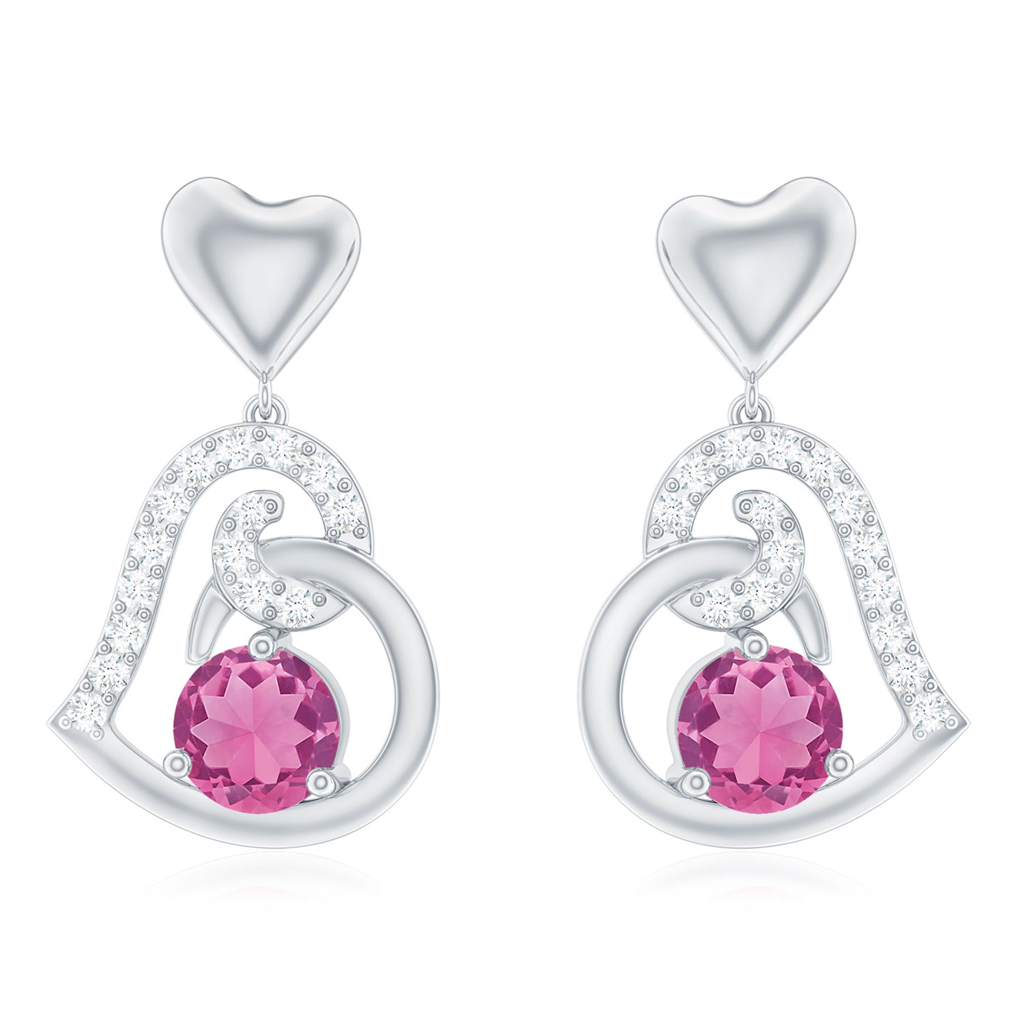 Real Pink Tourmaline and Diamond Heart Drop Earrings AAA - Rosec Jewels