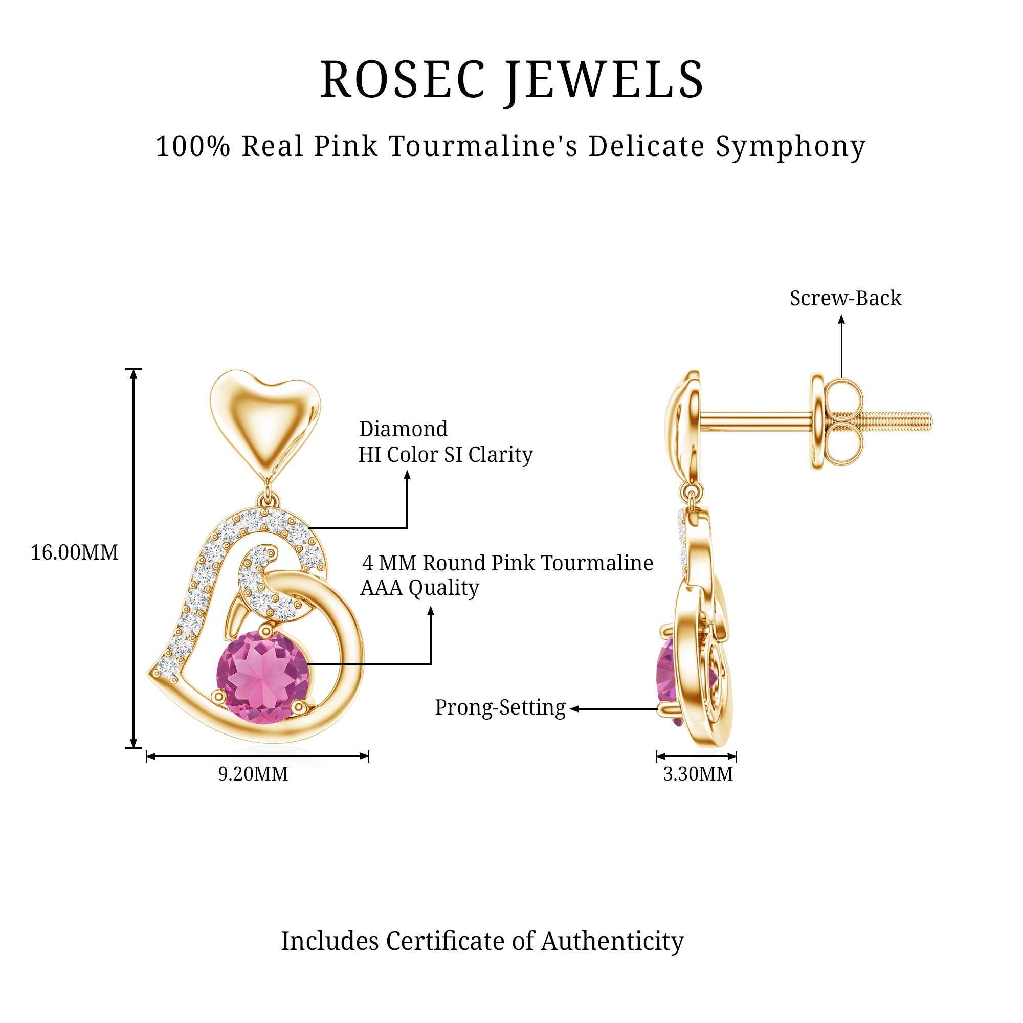 Real Pink Tourmaline and Diamond Heart Drop Earrings AAA - Rosec Jewels